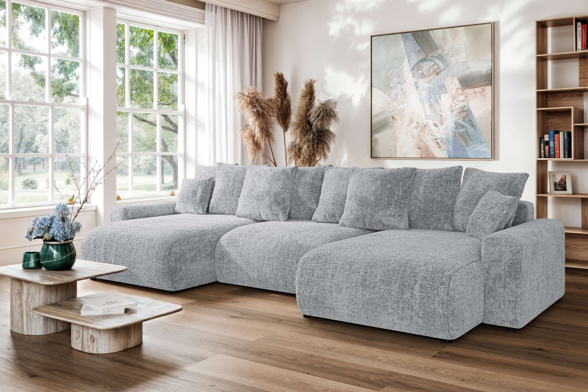 Home affaire Wohnlandschaft »LAKESIDE mit Bettfunktion und Bettkasten, Maße B/T/H: 332,5/142/84 cm«, U‑Form mit vielen Kissen und Wellenunterfederung