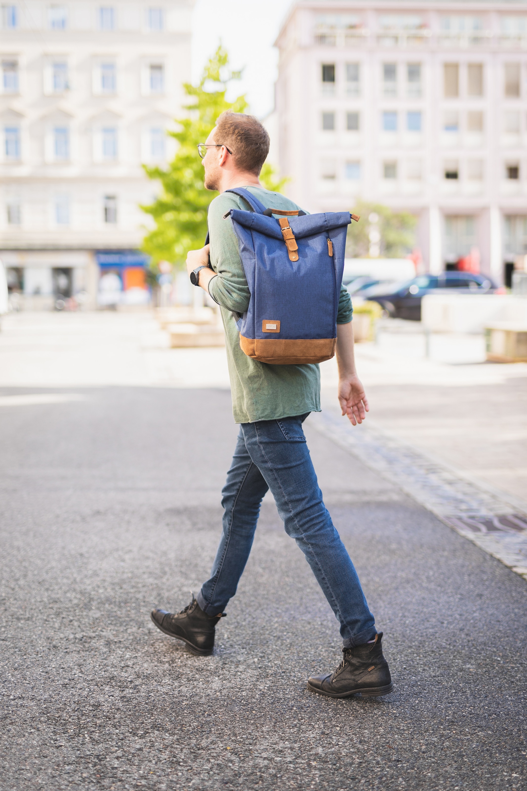 Fillikid Wickelrucksack »Rolltop Berlin, navy melange«, Reflektoren, inkl. Wickeltunterlage
