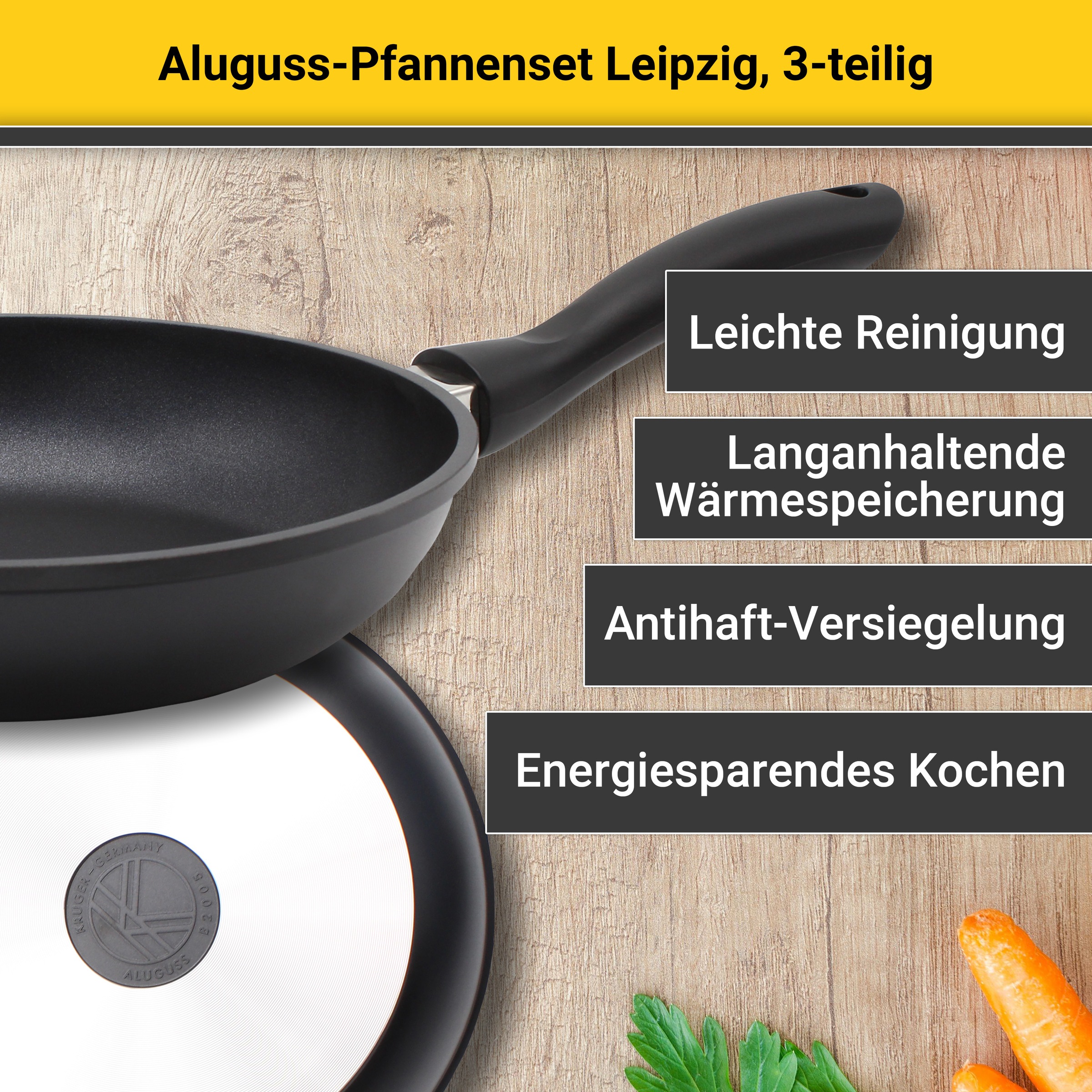 Krüger Pfannen-Set »Aluguss Pfannenset LEIPZIG, 3 tlg.« Aluminiumguss Set, 1x Bratpfanne Ø 20 cm, 1x Bratpfanne Ø 28 cm, 1x Schmorpfanne Ø 24 cm, 3 Stk. tlg. hochwertige Antihaft-Versiegelung
