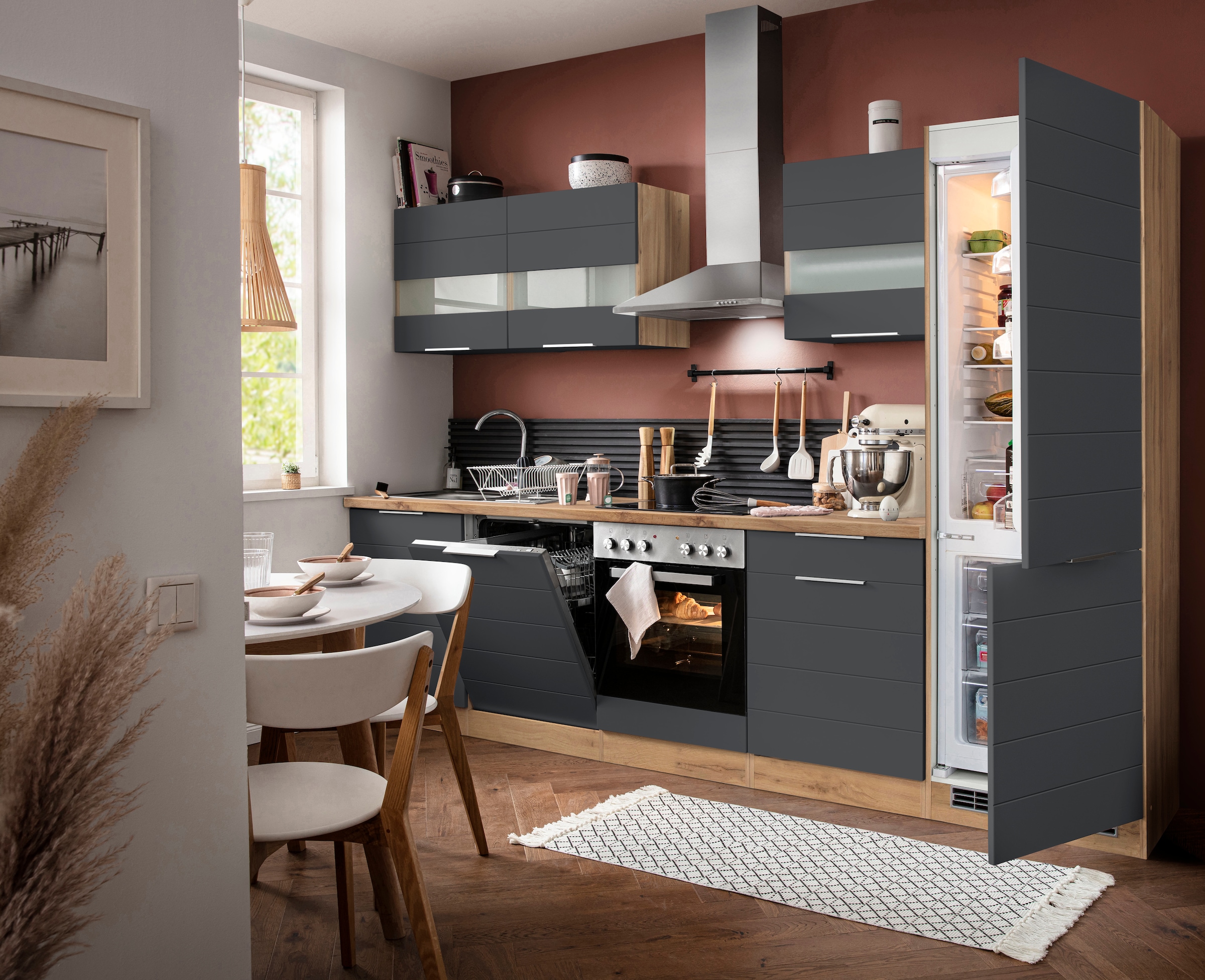 KOCHSTATION Küchenzeile »KS-Luhe« 300 cm breit, wahlweise mit oder ohne E-Geräten, gefräste MDF-Fronten