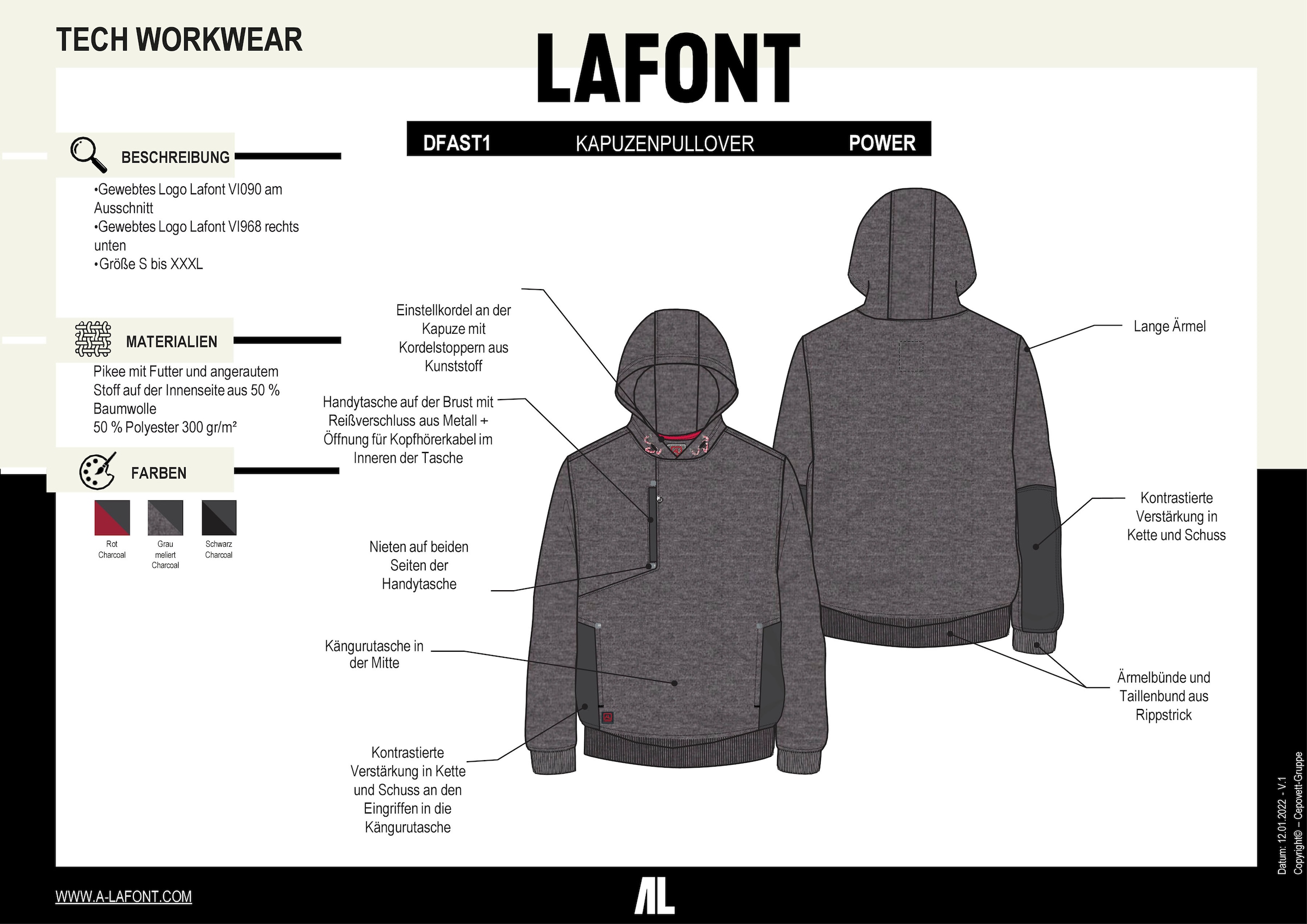 Lafont Hoodie »Unisex "Power"«, Gr. S-3XL, Brusttasche, Pflegeleicht