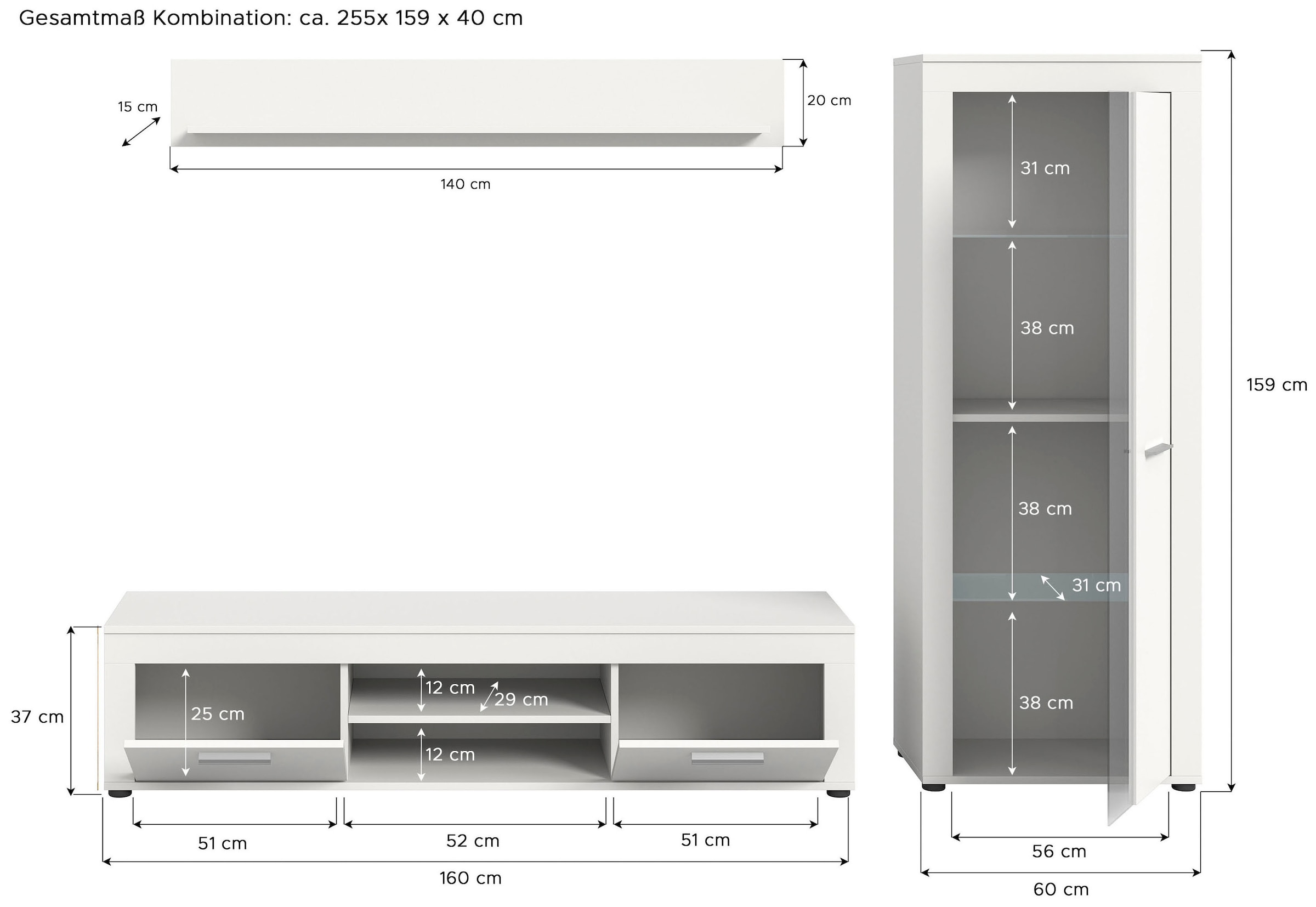 OTTO home Wohnwand »AOSTA, Breite 235cm, 3-teilige Wohn-Kombination« bestehend aus: Lowboard, Wandboard, Vitrine, 3 Stk. tlg.