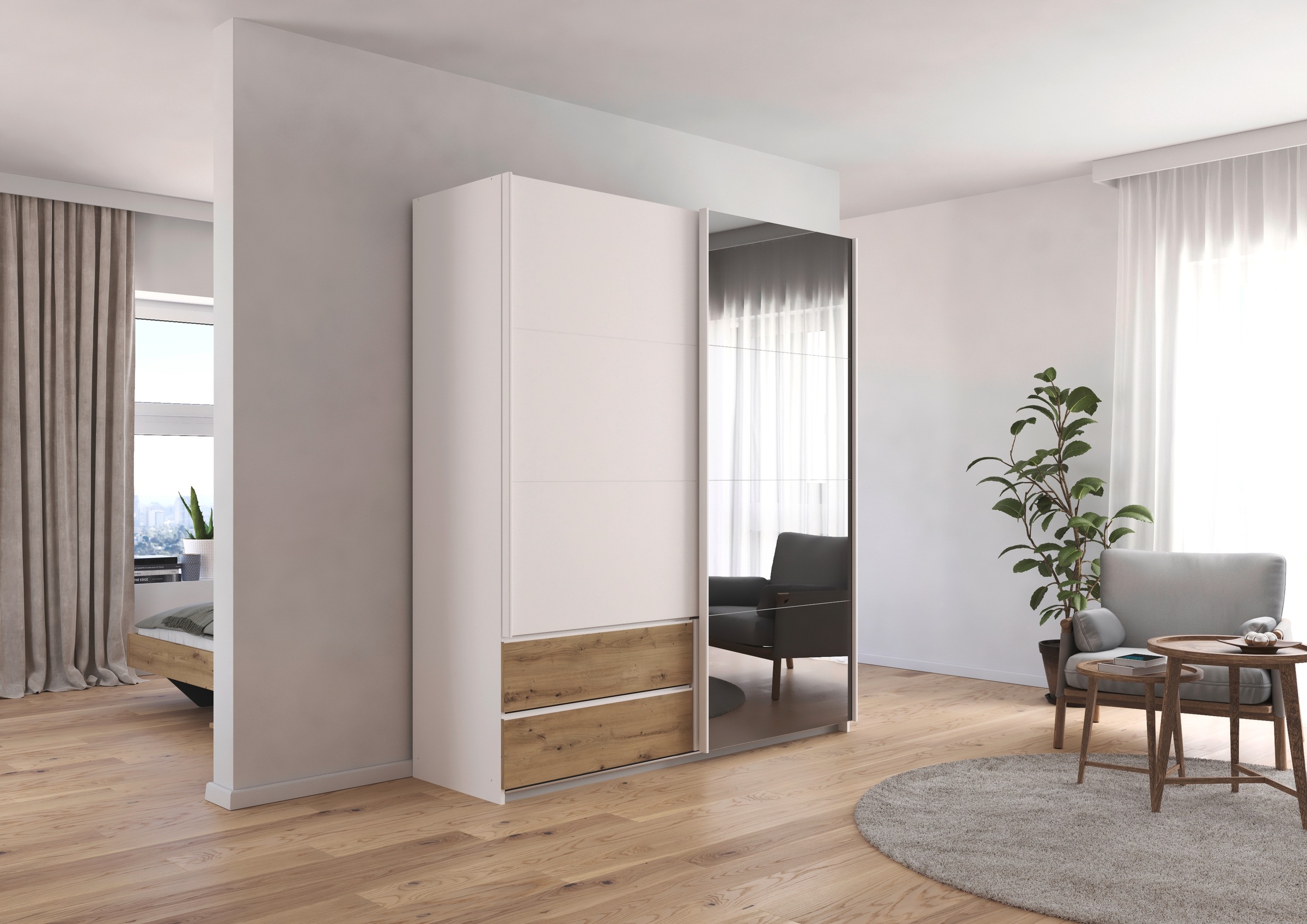 rauch Schwebetürenschrank »Kleiderschrank Schrank Garderobe ELARA Glastür/Grauspiegel«, praktische Schubladen optional farblich abgesetzt MADE IN GERMANY