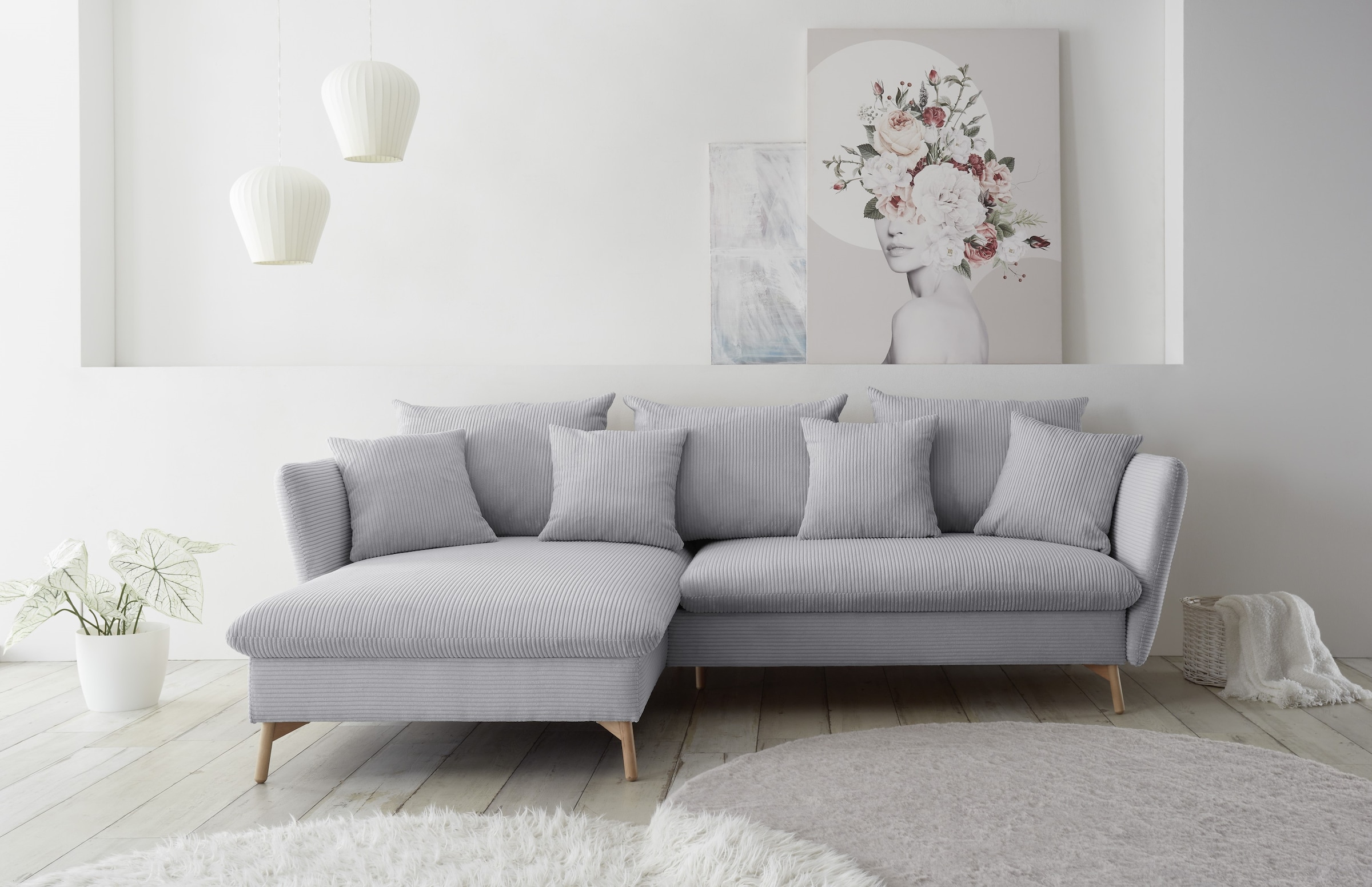 andas Ecksofa »MERLE, 258 cm, L-Form, traumhafter Cord,«, mit Bettfunktion und Bettkasten, Liegefläche 224 x 139