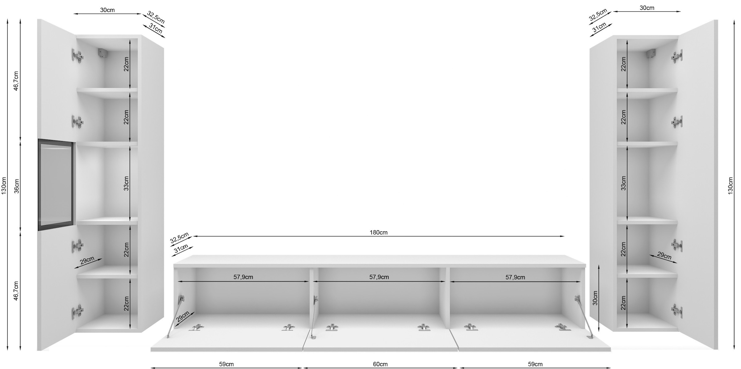 INOSIGN Wohnwand »BERLIN III, Vitrine Türschlag links/rechts wechselbar«, (Komplett-Set, 3 St.), moderne grifflose Mediawand Breite 260 cm, Vitrine mit Verglasung
