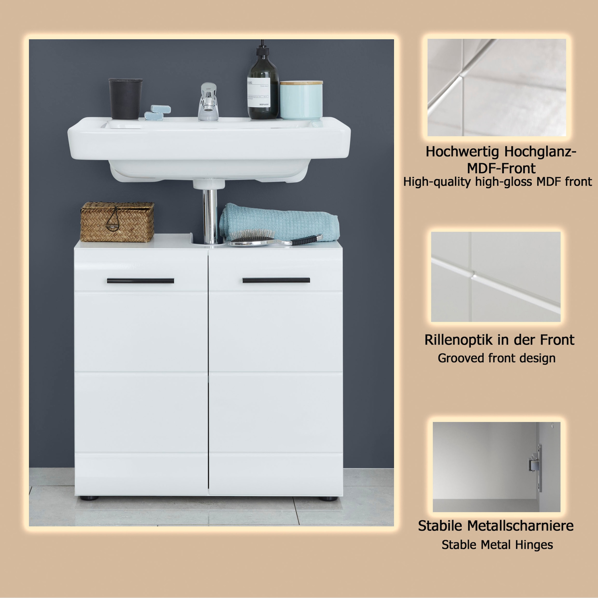 welltime Waschbeckenunterschrank »Sovana« Waschtisch mit verstellbarem Fach - Maße (B/T/H) 60/31/56 cm