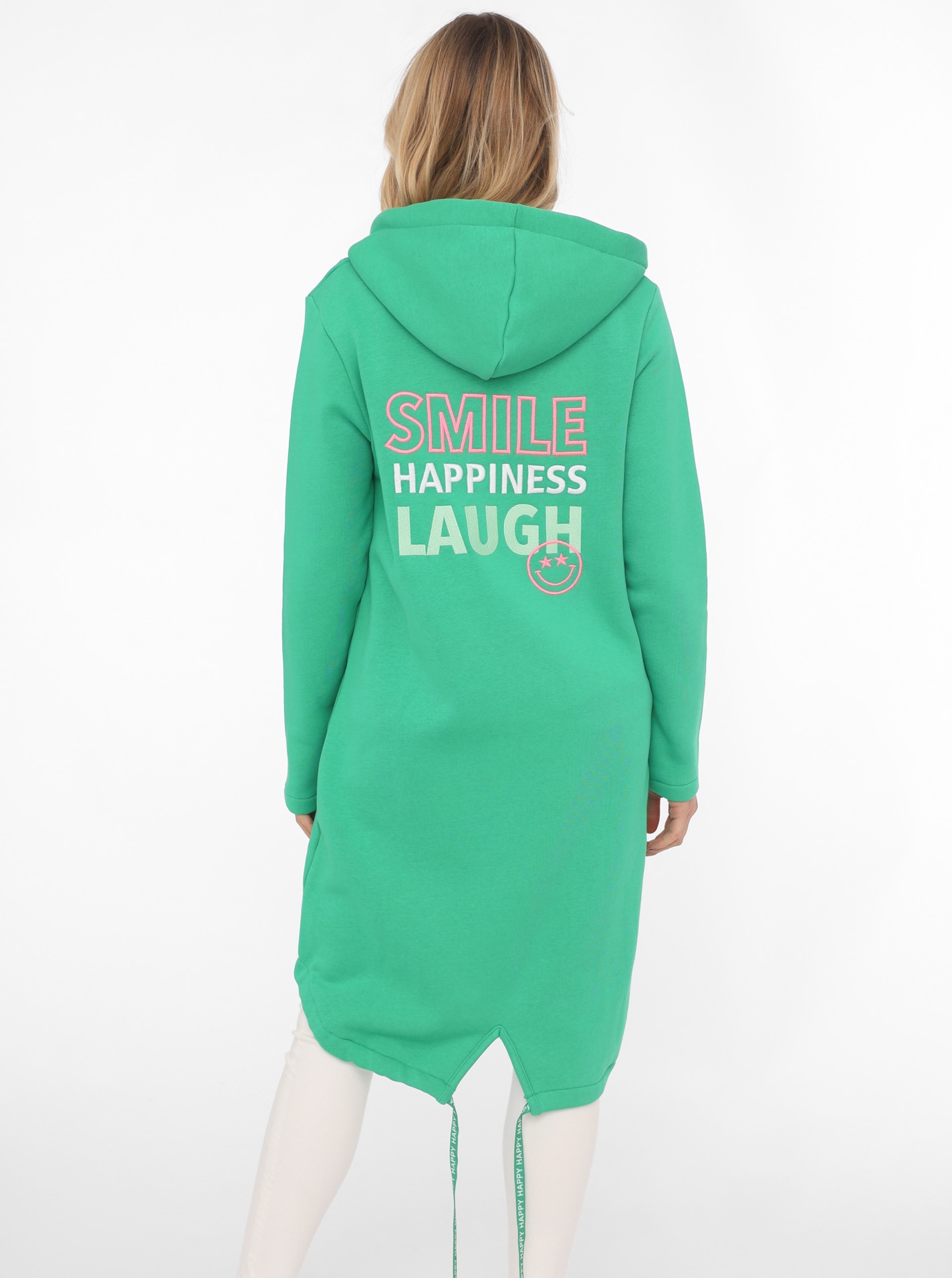 Zwillingsherz Jerseymantel »"Smile Happiness Laugh"«, mit positiver Botschaft, gesticktes Motiv hinten und vorne