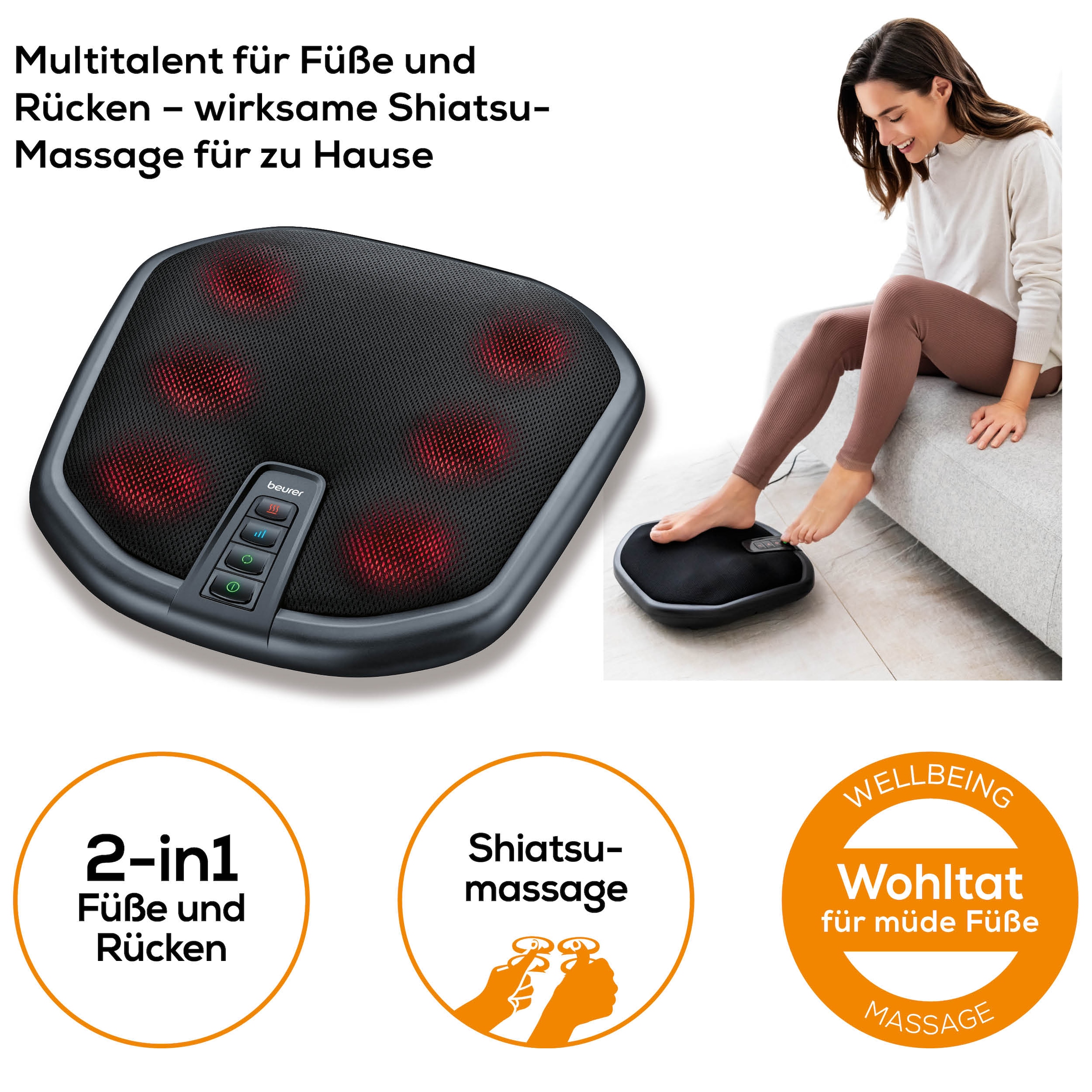 BEURER Fußmassagegerät »FM 70 mit 2-in-1 Funktion: Fuß- und Rückenmassage, mit Wärmefunktion«, 3 Intensitätsstufen, Shiatsu-Massage, waschbarer Bezug