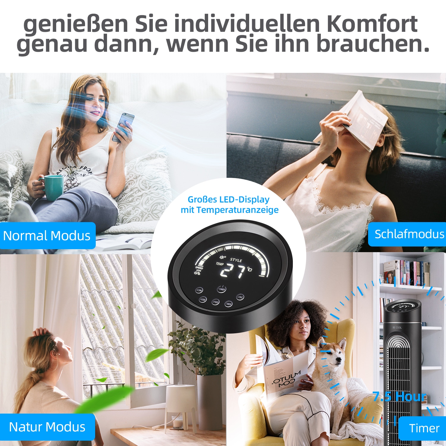be cool Turmventilator »Turmventilator 127cm mit Display BC50TFWTS schwarz/weiß«, Temperaturanzeige, Ionisator