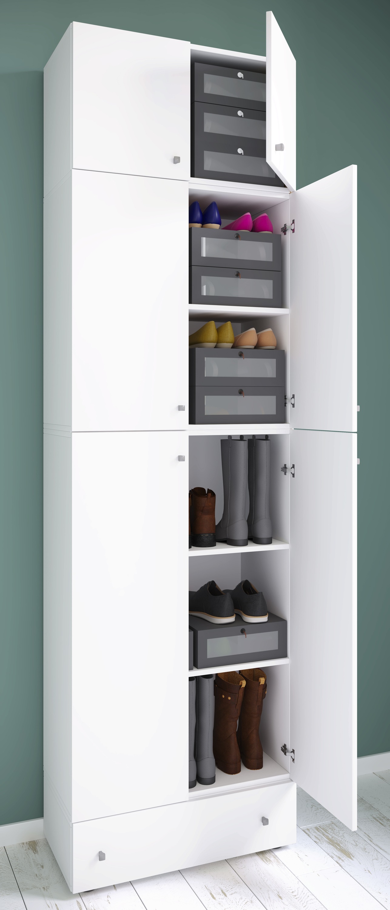 VCM Schuhschrank »VCM Holz-Schuhschrank | Maße: H. 240 x B. 70 x T. 39 cm| Allzweckschrank | 5 Fächer | 4 Drehtüren | Aufsatz mit 2 Türen | extra Schublade¿ Lona«, (1 St.)