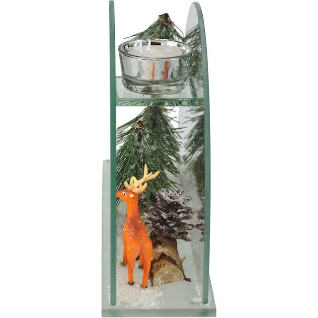 I.GE.A. Teelichthalter »Weihnachtsdeko, Kerzenhalter, Deko-Objekt«, (1 St.),  aus Spiegelglas, mit Hirsch-Deko in Winterlandschaft, Höhe ca. 15 cm auf  Raten kaufen