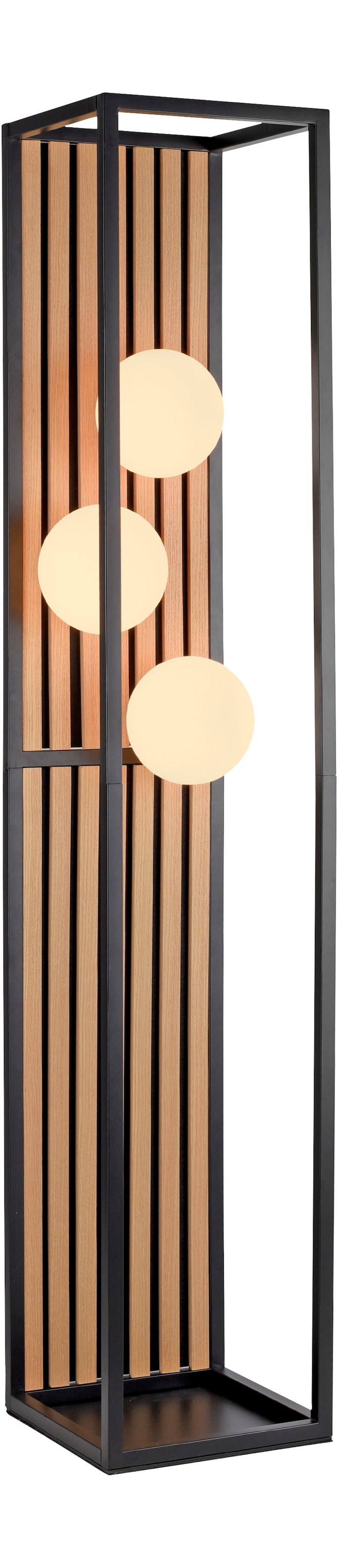 my home Stehlampe »Erinette Akustikpaneele mit Glaskugeln« E14 Warmweiß Holz, Akustik, Paneele, Glas, opal matt weiß, Stehleuchte, Fußschalter