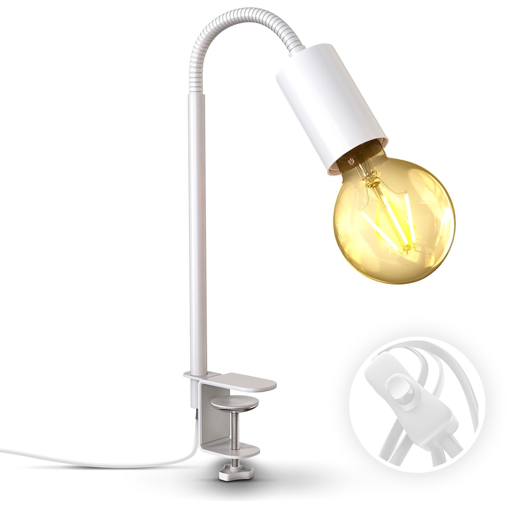 B.K.Licht Klemmleuchte für E27 Leuchtmittel, max. 10 Watt (ohne Leuchtmittel), inkl. Schraubklemme, Flexarm und Kabelschalter