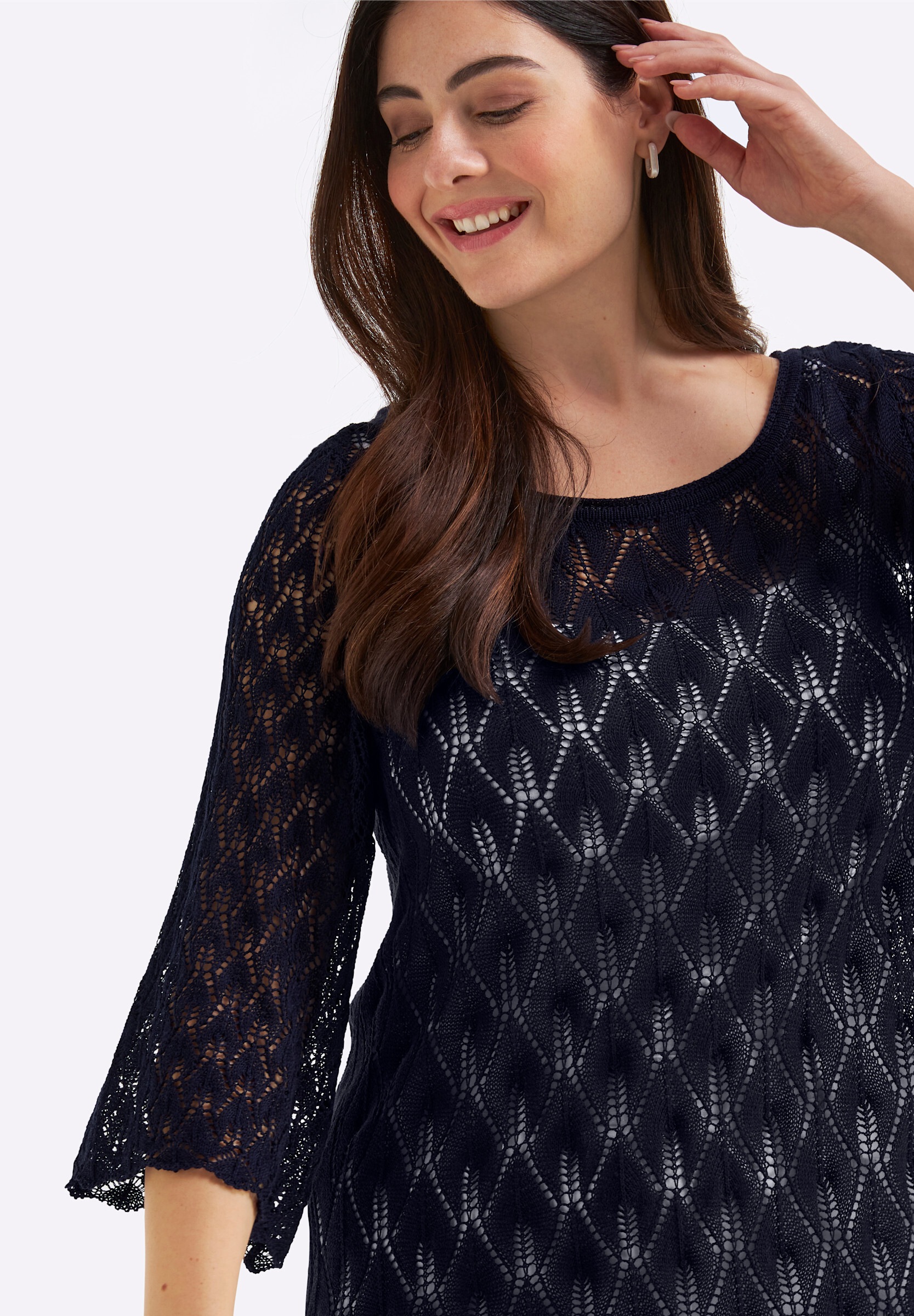 Sheego Longpullover »3/4-Arm-Pullover Ajourpullover mit 3/4-Trompetenärmeln«
