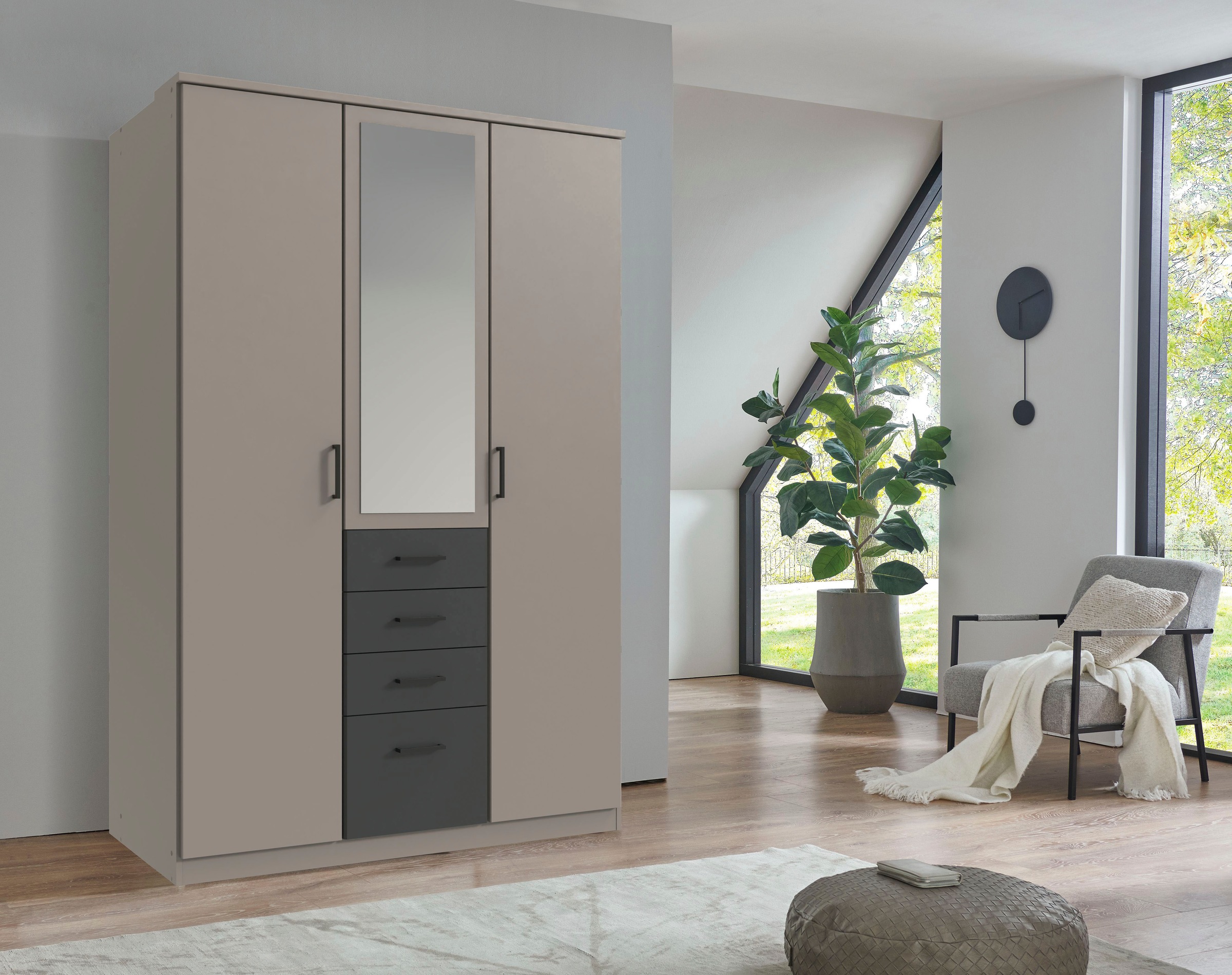 Wimex Kleiderschrank »Cottbus, in weiß oder grau modern kombiniert mit graphitfb.Schubladen«, (in 3 Größen, schwarze Griffe, Made in Germany), mit 4 Schubladen, wahlweise mit oder ohne Spiegel