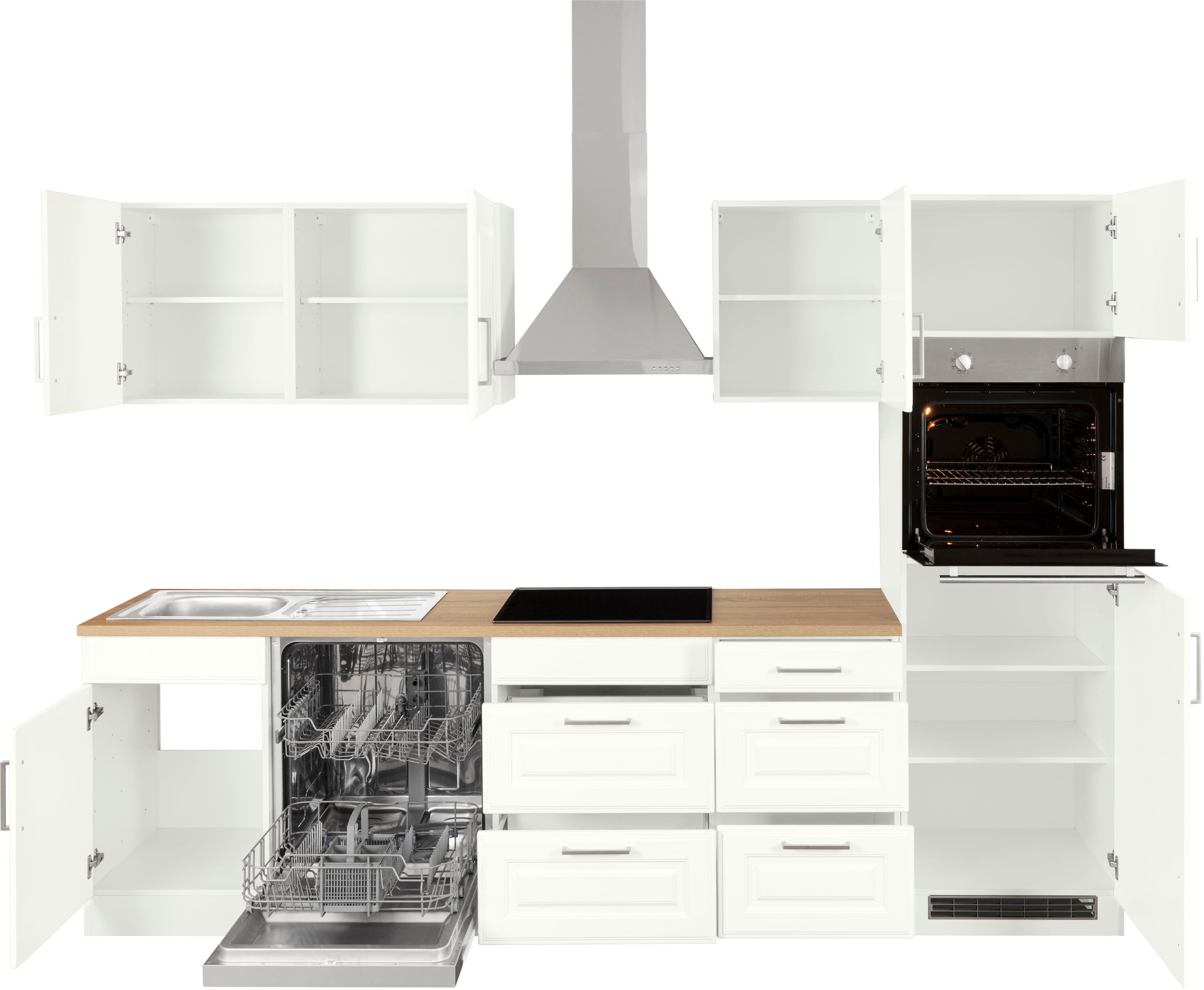 KOCHSTATION Küchenzeile »KS-Stockholm – Küche mit hochwertiger und detailreicher Landhausfront« Breite 280 cm, wahlweise mit E-Geräten,mit MDF-Fronten