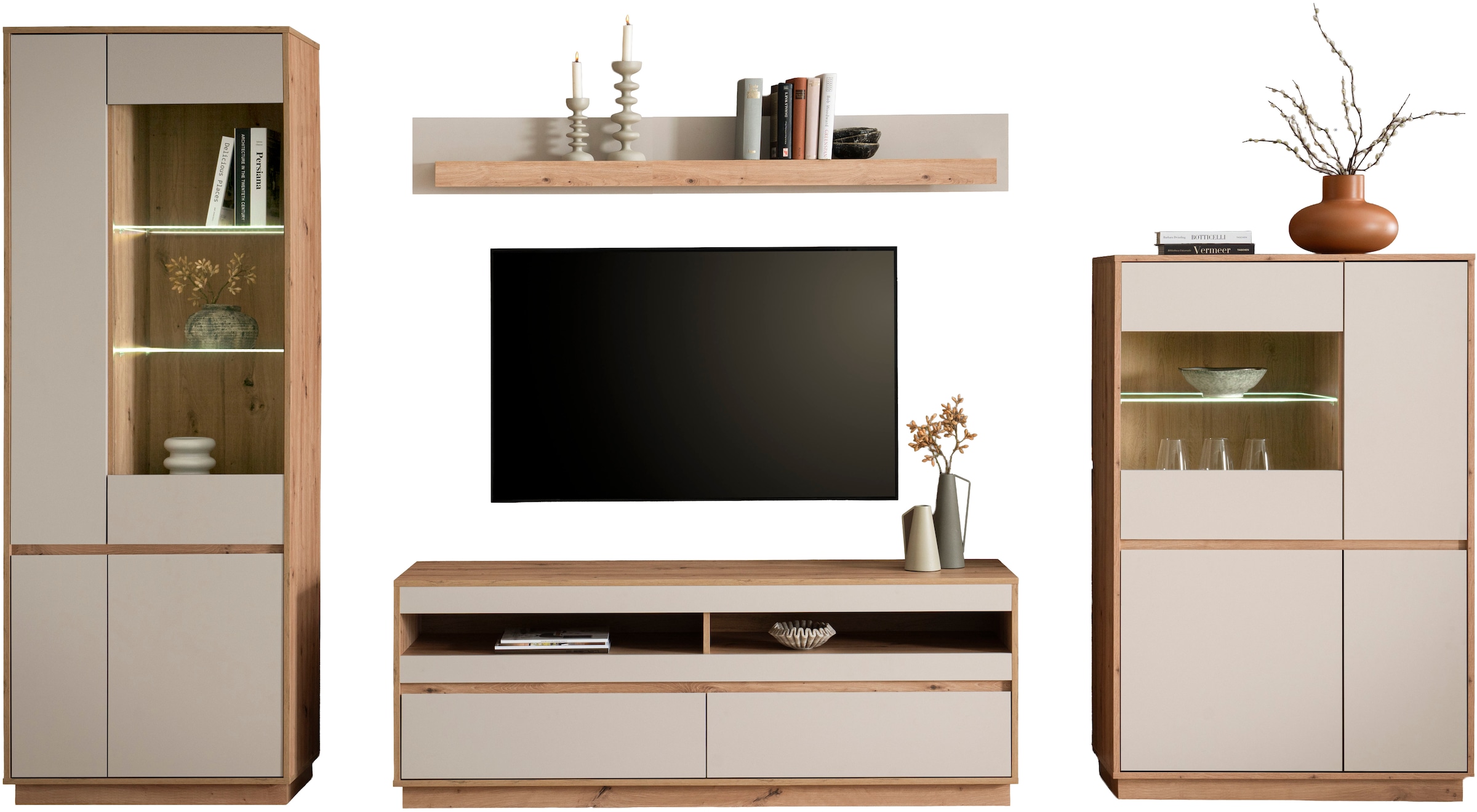 Home affaire Wohnwand »Sonora, moderne Anbauwand, Komplettset in Kaschmir/Eiche« Komplett-Set, 4 Stk. tlg.