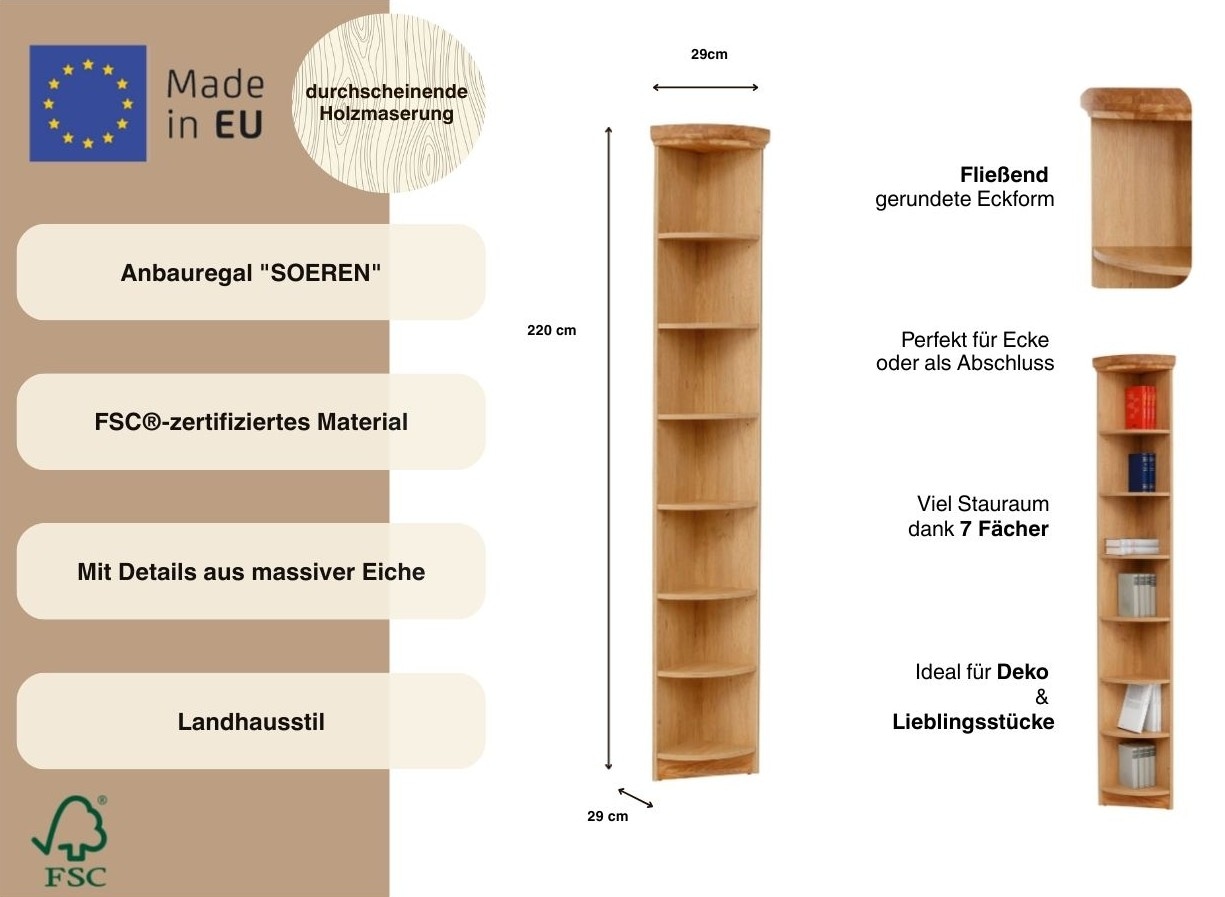 OTTO home Anbauregal »Soeren Abschlussregal Eiche Höhe 220 cm« Regal Höhe 220 cm, passend für Tiefe 29 cm,  FSC®-zertifiziert