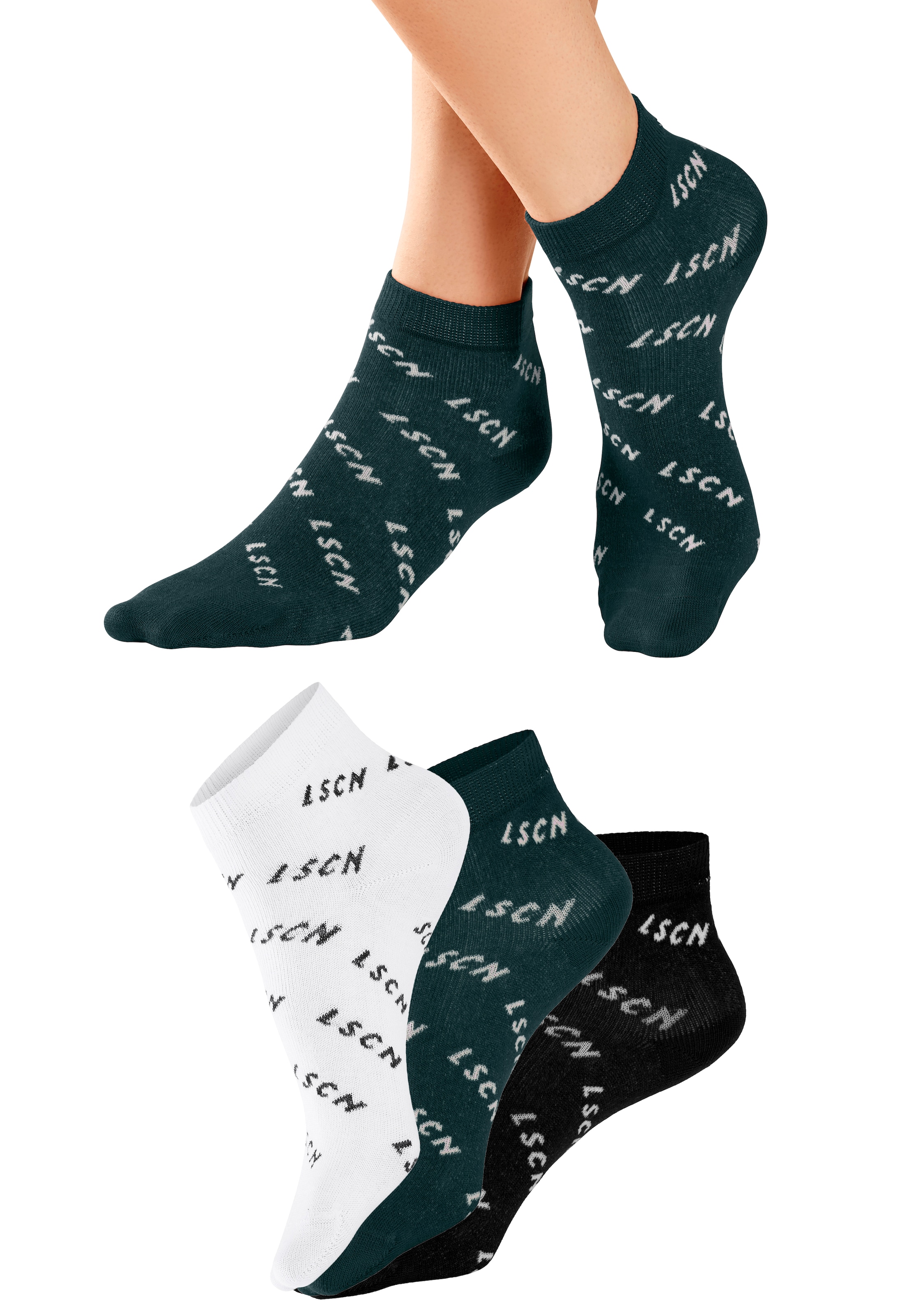 LSCN by LASCANA Kurzsocken, (Packung, 3 Paar), all over Logo Schriftzug