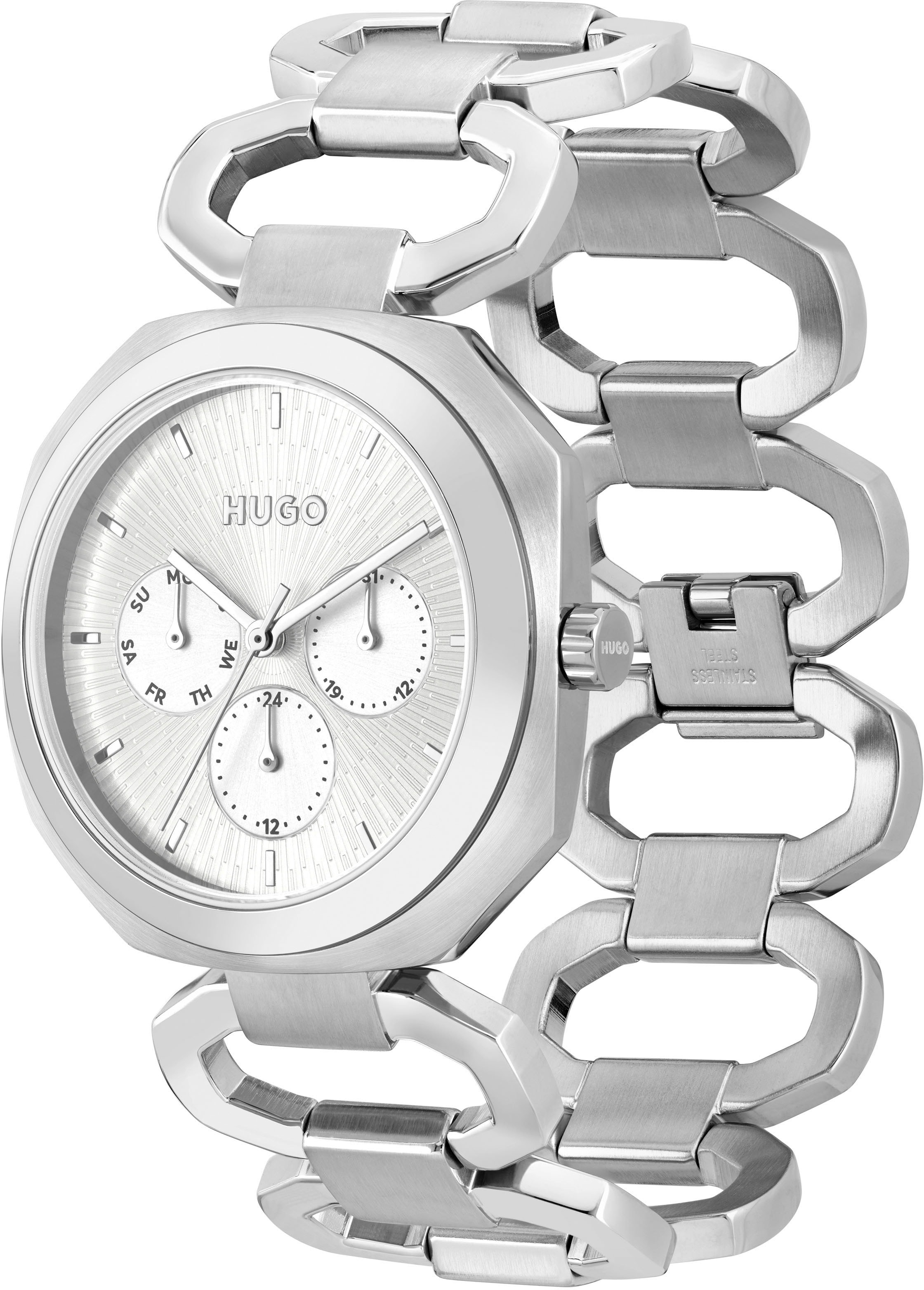 HUGO Multifunktionsuhr »#INTENSE«, Quarzuhr, Armbanduhr, Damenuhr, Datum, Edelstahlarmband
