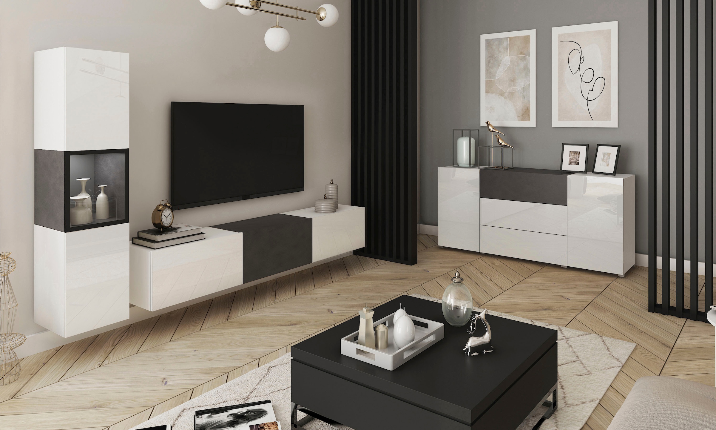 INOSIGN Wohnwand »BERLIN I«, (Komplett-Set, 2 St.), moderne grifflose Mediawand Breite 220 cm, Vitrine mit Verglasung