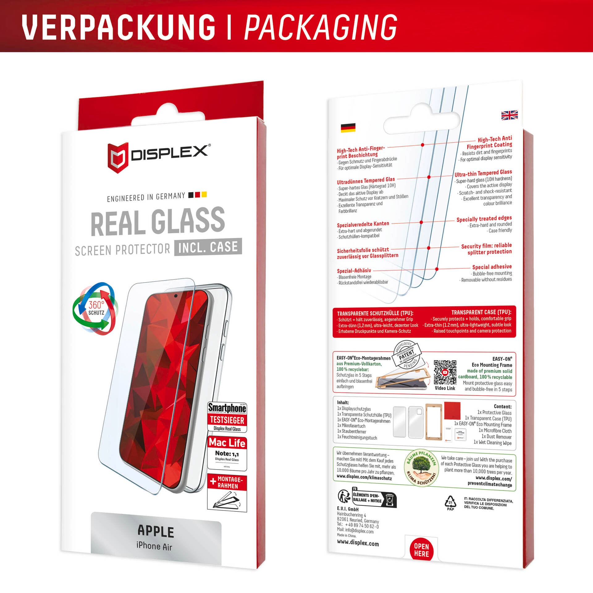 Displex Displayschutzglas »Real Glass Screen Protector inkl. Case« für Apple iPhone Air Displayschutzfolie, Schutzfolie, Bildschirmschutz, kratz- & stoßfest