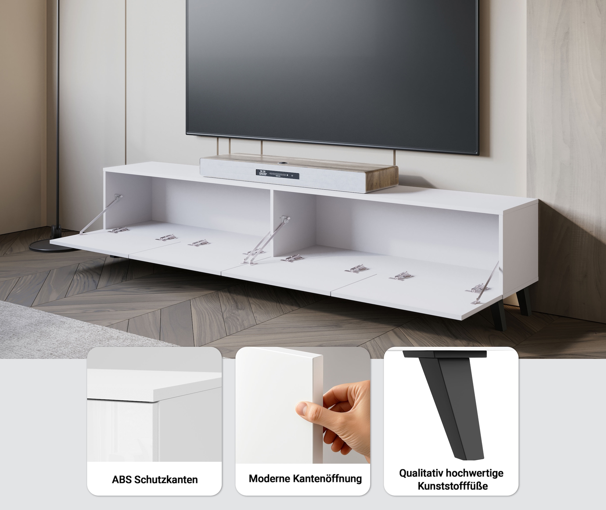 Home affaire Lowboard »LOWBOARD PHUKET II,  TV-Kommode Breite 190cm« 1 Stk. tlg. Modernes, griffloses Design mit 4 Klappen in eleganten, matten Farben