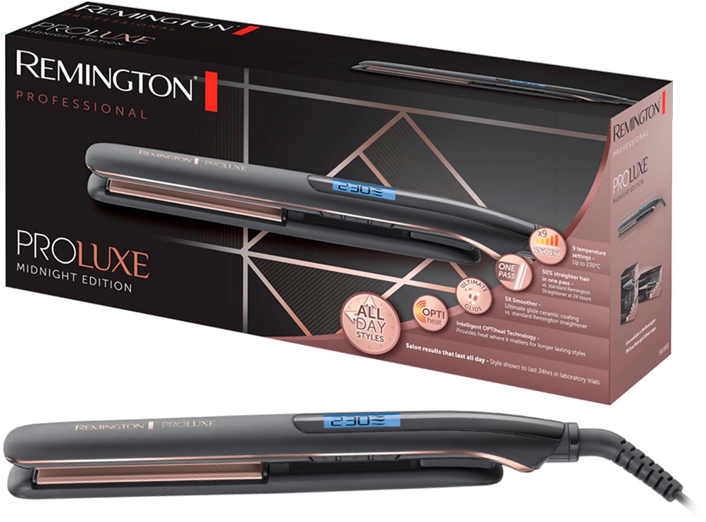 Remington Glätteisen »S9100B E51 PROluxe Midnight«, Ultimate-Glide-Keramik-Beschichtung, OPTIheat-Technologie, LCD display, 110mm lange Keramikstylingplatten