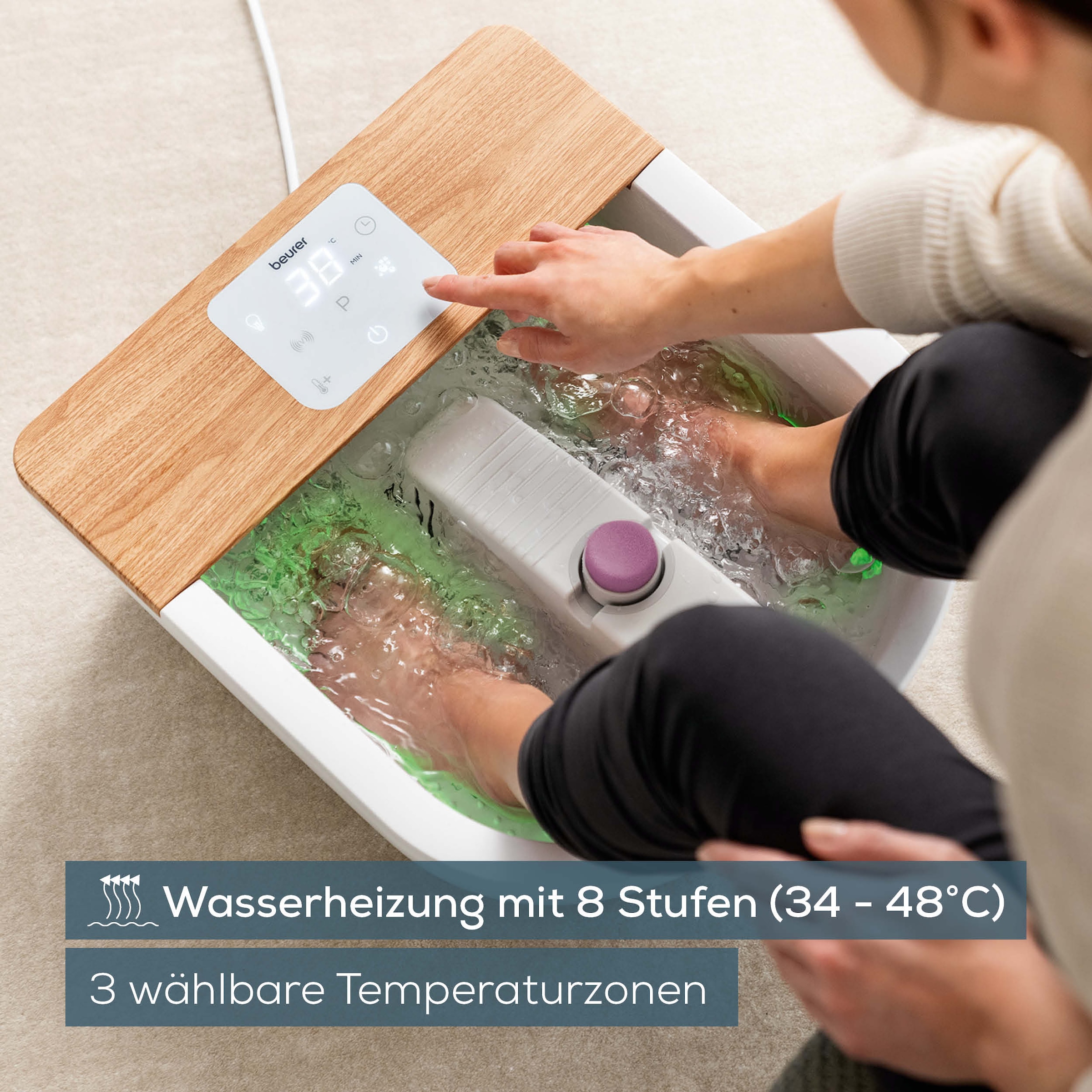 BEURER Fußbad »FB 65 mit Wasserheizung von 34 - 48°C, inkl. 3 Massageaufsätze«, Zuschaltbare Ambientebeleuchtung mit 6 Lichteffekten