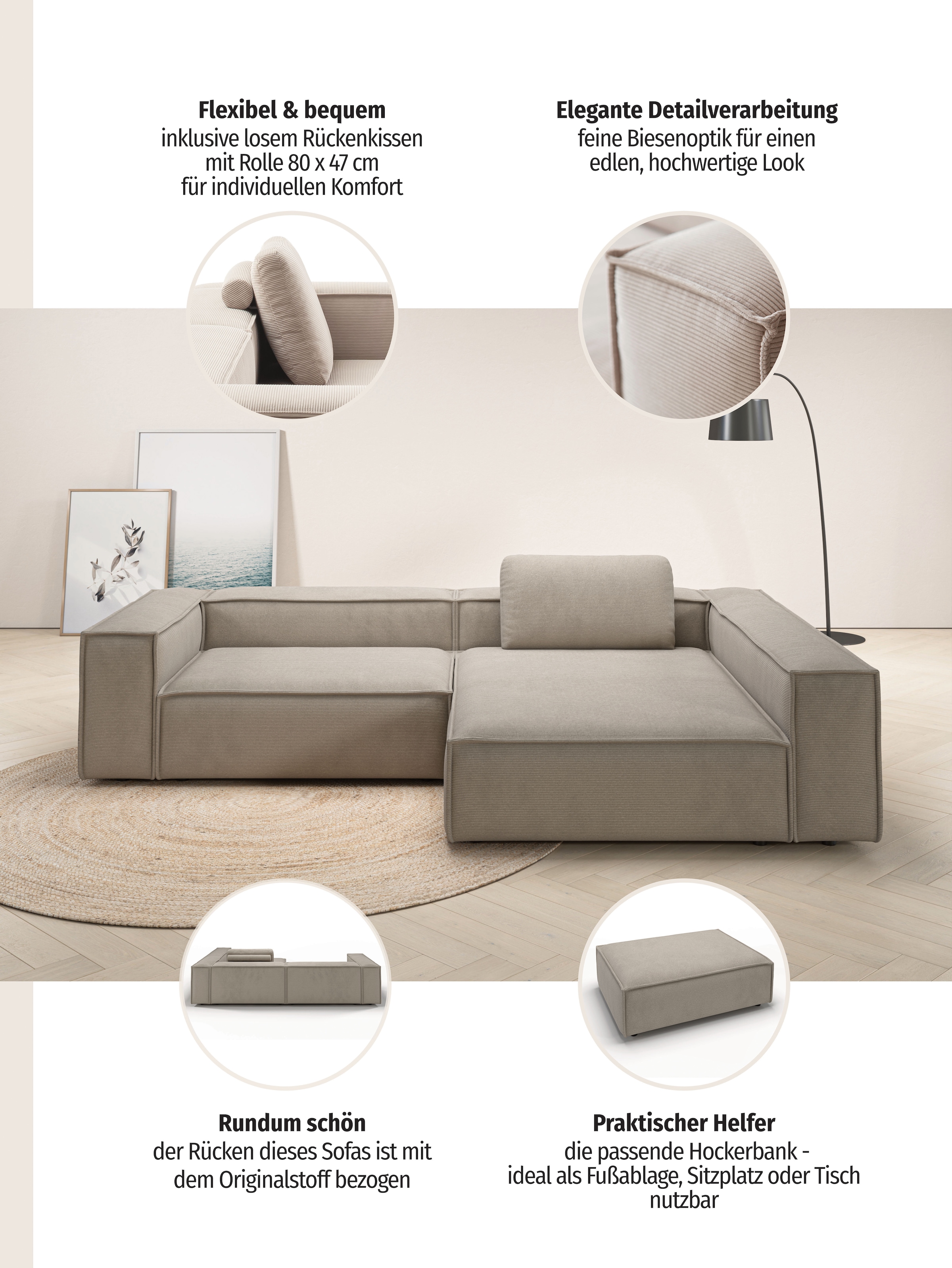 Places of Style Ecksofa »Watertown, moderne XXL L-Form, 306 cm breit«, Komfortabel mit tiefer Sitzfläche – ideal für große Wohnräume