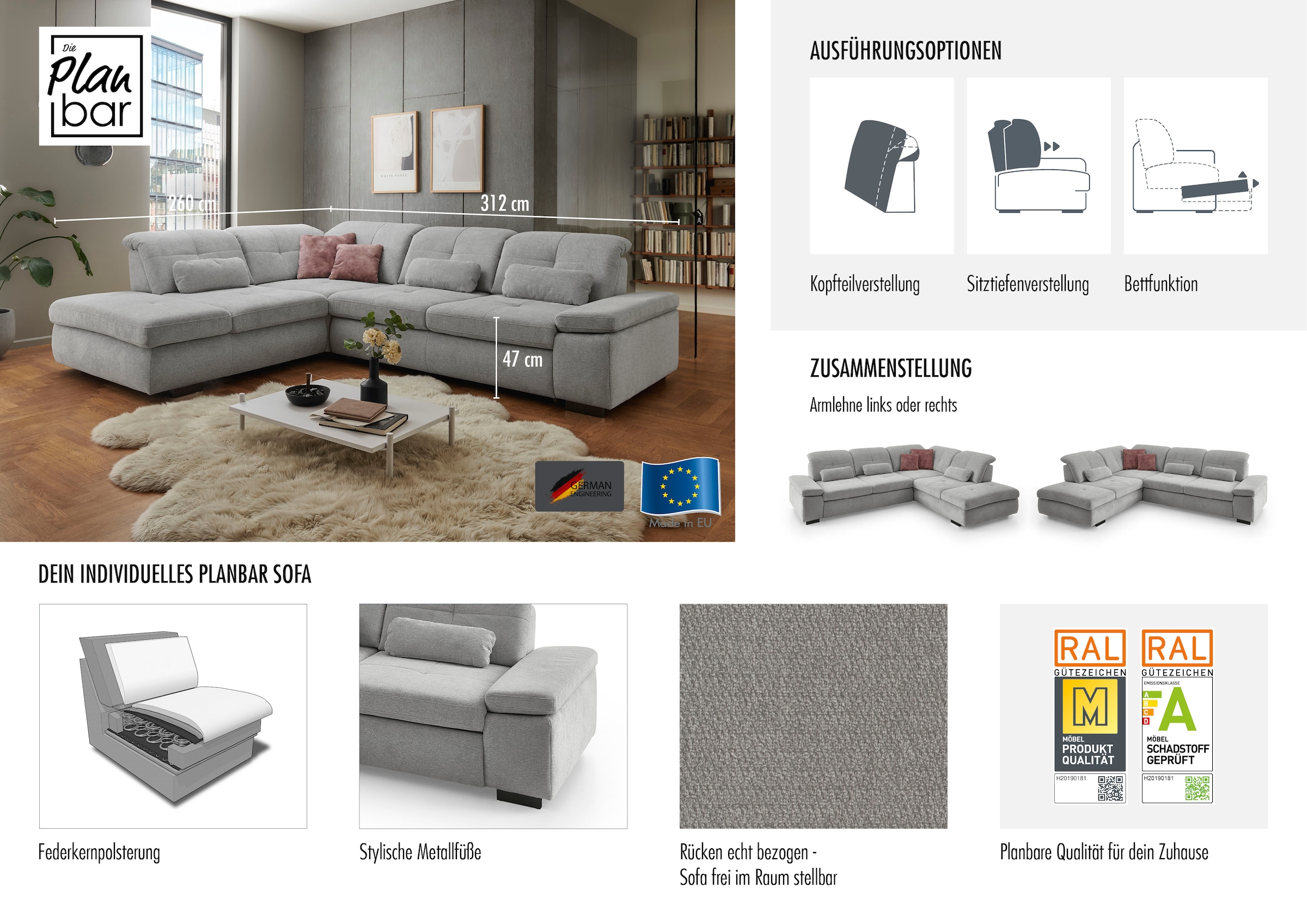 Die PlanBar Ecksofa »MP-IN16012 L-Form mit Federkern-Polsterung« inkl. Sitztiefenverstellung, optional mit Funktionen,