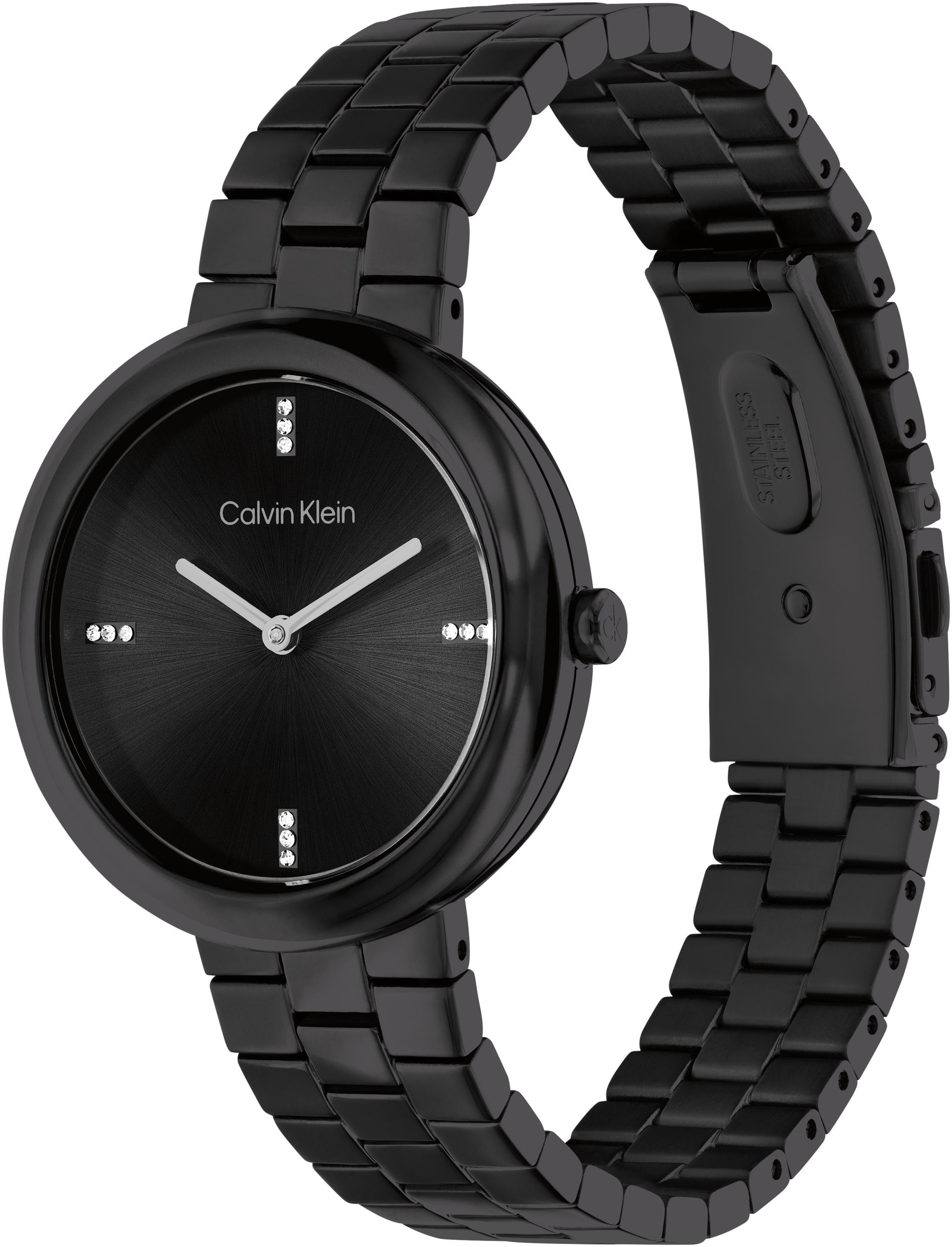 Calvin Klein Quarzuhr »Twisted Bezel«, Armbanduhr, Damenuhr, Edelstahlarmband, analog, Glassteine