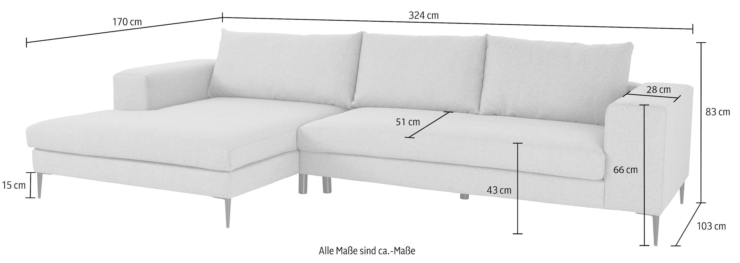 Home affaire Ecksofa »Aurora, L-Form, mit extra breiter Recamiere, 324 x 170 cm (BxT)« Designsofa mit tollem Sitzkomfort, extra hohe Metallfüße schwarz