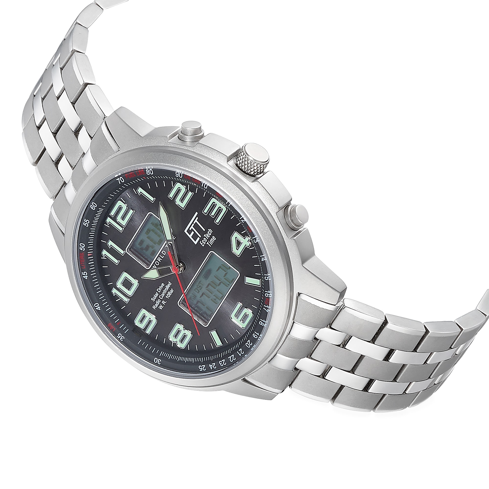 ETT Funkchronograph »Hunter World Timer« Armbanduhr, Herrenuhr, Stoppfunktion, Datum, Solar, Edelstahlarmband