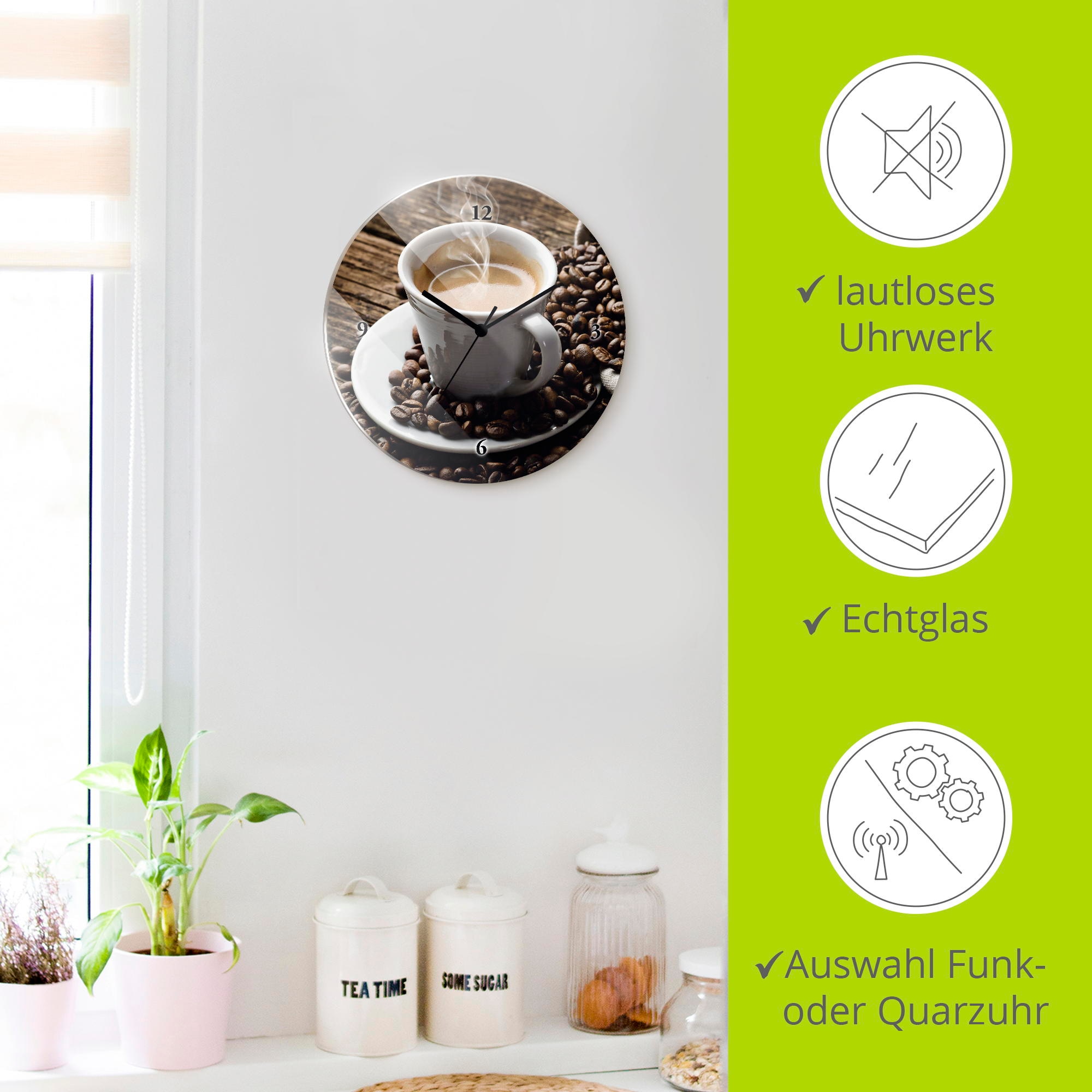 Artland Wanduhr »Heißer Kaffee - dampfender Kaffee« wahlweise mit Quarz- oder Funkuhrwerk, lautlos ohne Tickgeräusche