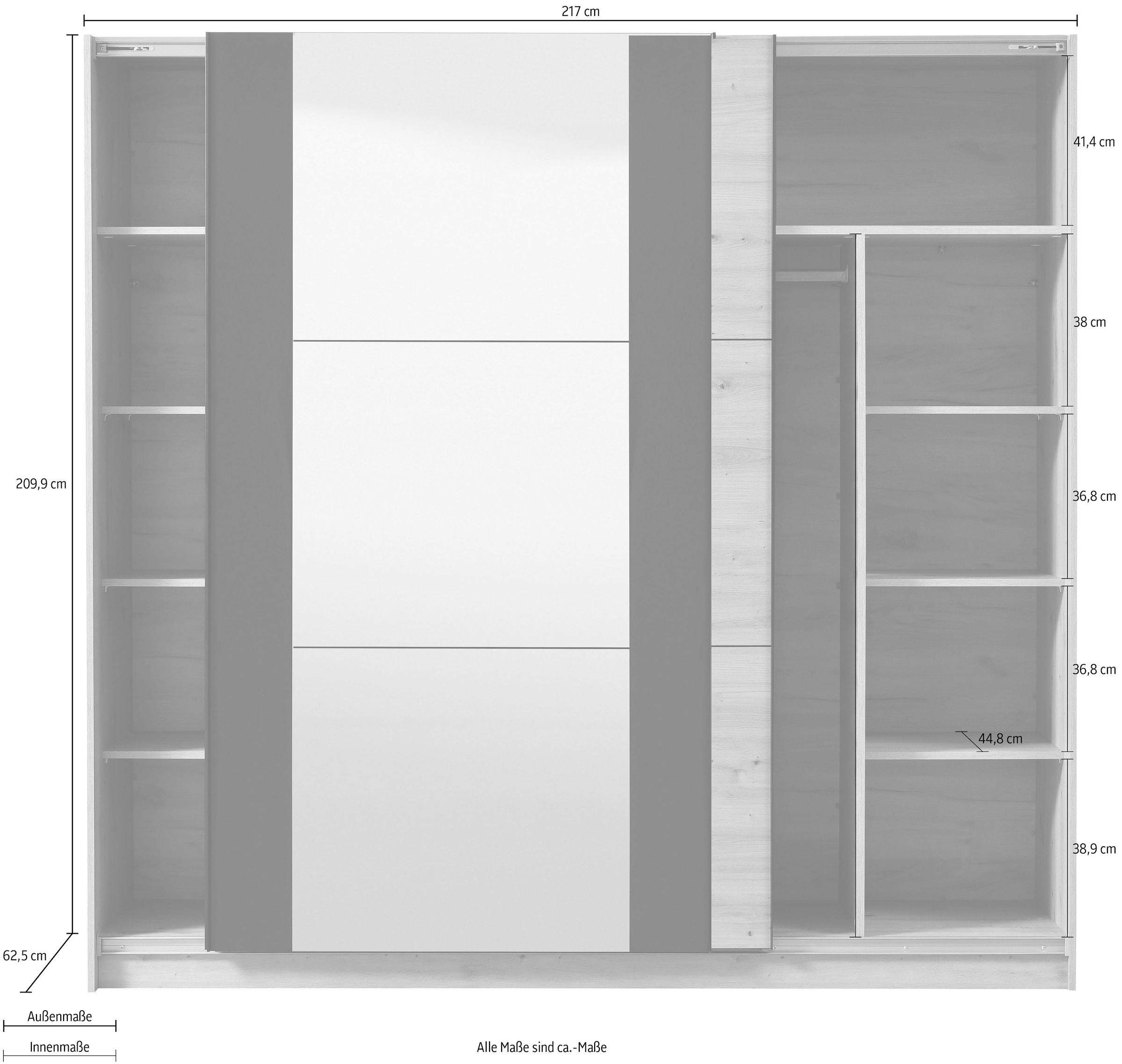 INOSIGN Schwebetürenschrank »Sardinia, Kleiderschrank mit Spiegel, FSC®-zertifiziert«, inklusive Inneneinteilung, 217x210x62,5cm, ABS Schutzkanten