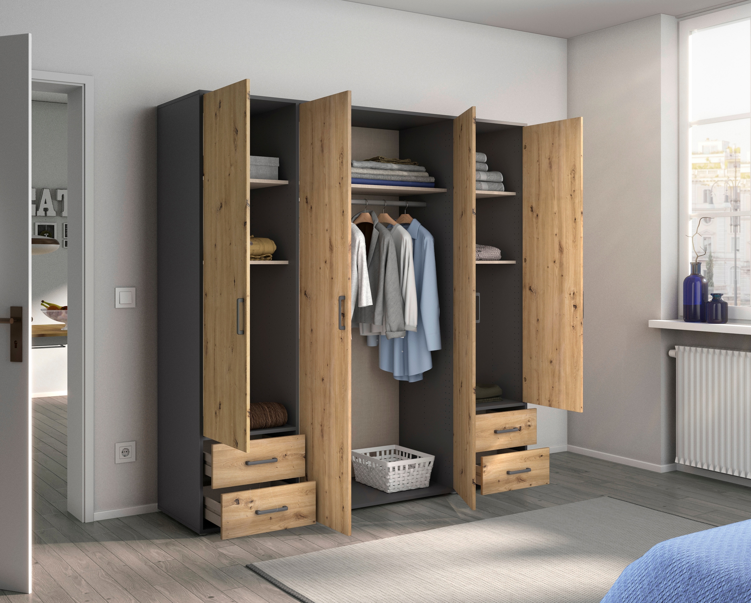 rauch Drehtürenschrank »Kleiderschrank Schrank Garderobe Wäscheschrank VOYAGER«, (in 3 verschiedenen Ausstattungen BASIC/CLASSIC/PREMIUM), moderne Griffe in Graumetallic mit Außenschubkästen MADE IN GERMANY