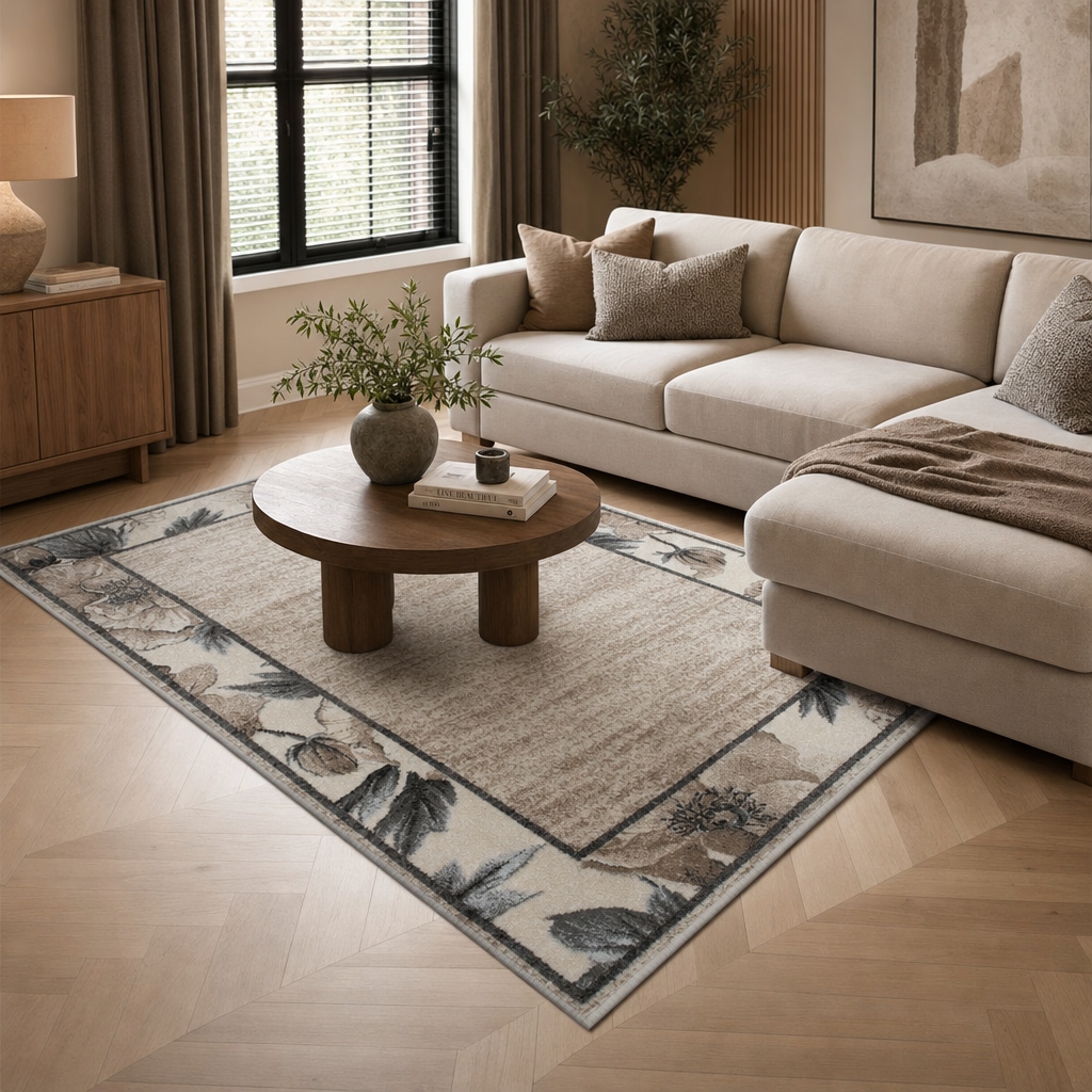 OTTO home Teppich »Florent mit Rahmen, Blumen Design« rechteckig 9 mm Höhe Floral, detailreiche Blüten, meliert, elegant, Wohnzimmer