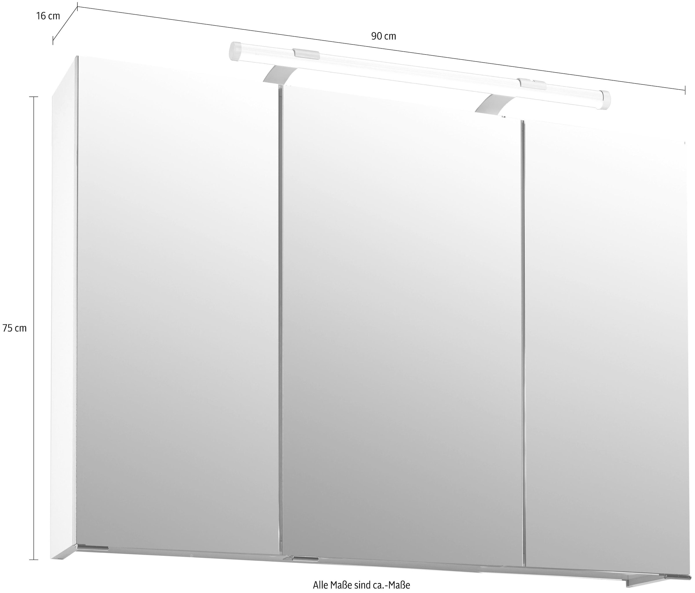 Schildmeyer Spiegelschrank »Dorina, mit höhenverstellbaren Glasböden«, Breite 90 cm, 3-türig, LED-Beleuchtung, Schalter-/Steckdosenbox