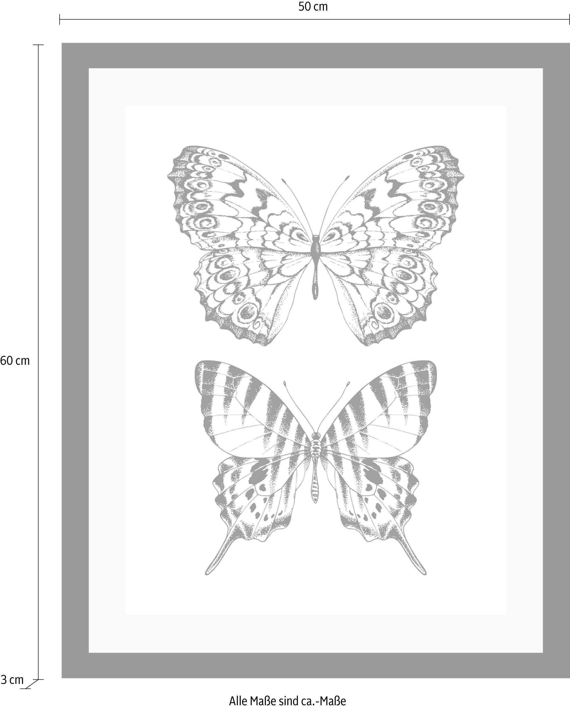 queence Bild »Schmetterlinge«, Tiere-Schwarz-Weiß-Kunst-Insekten-Schmetterlinge, HD Premium Poster-Druck inkl. Holzrahmen