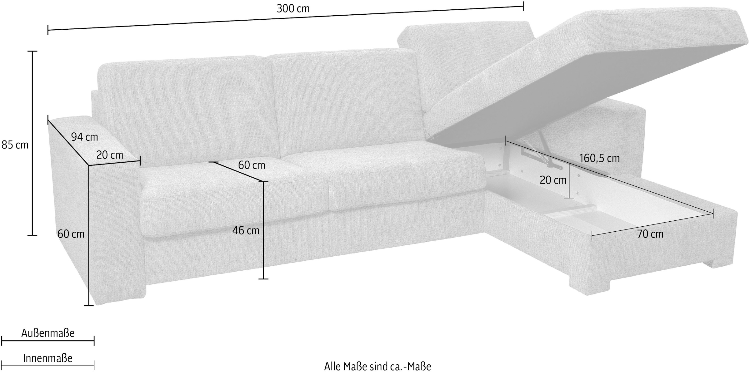 Home affaire Ecksofa Roma "L" Dauerschlaffunktion, mit Unterfederung, Matratzenhöhe 14cm, Liegemaße ca 163x198 cm, L-Form
