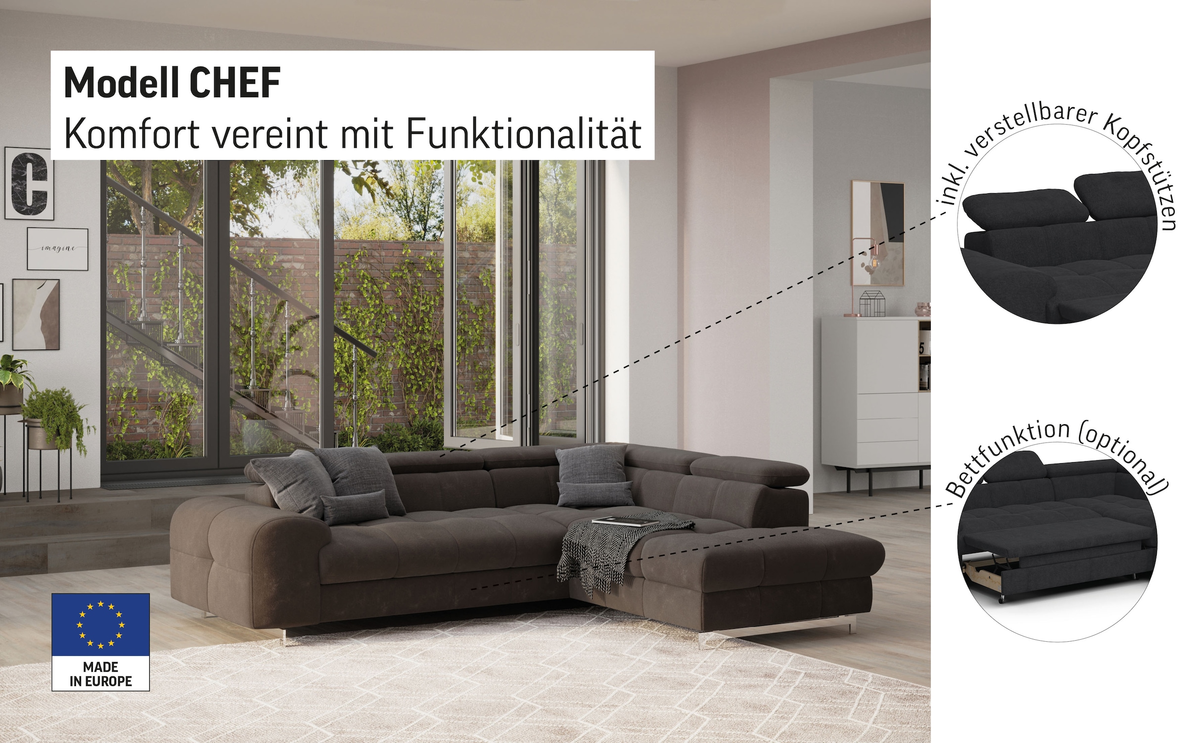 COTTA Ecksofa »Chef L-Form«, mit Kopfteilverstellung, edle Metallkufen, wahlweise mit Bettfunktion