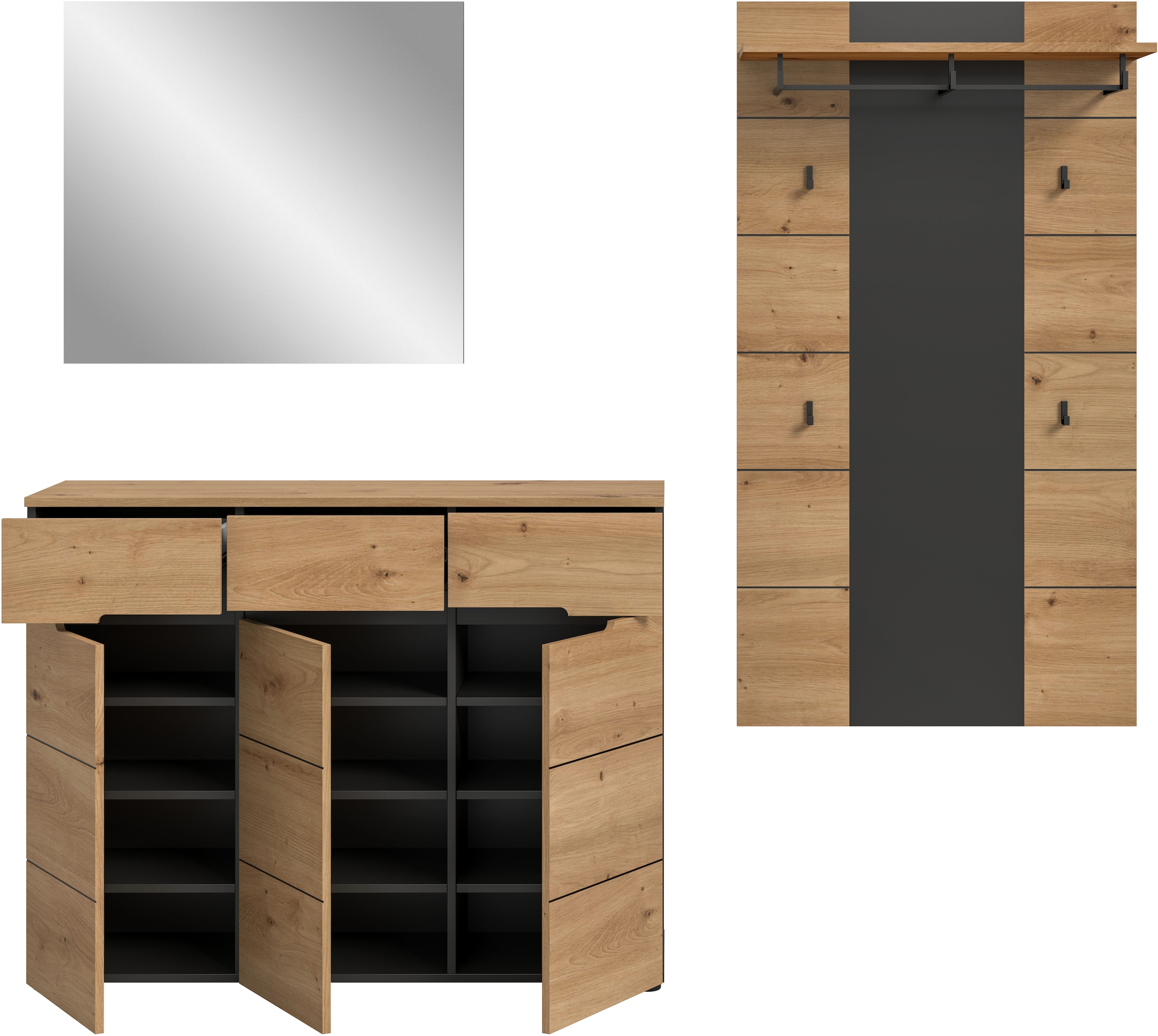 Home affaire Garderoben-Set »REHAT, TOPSELLER!, 3-teilig, Breite 215 cm, individuell erweiterbar« Set, bestehend aus: Kommode, Spiegel und Garderobenpaneel, 3 Stk. tlg.