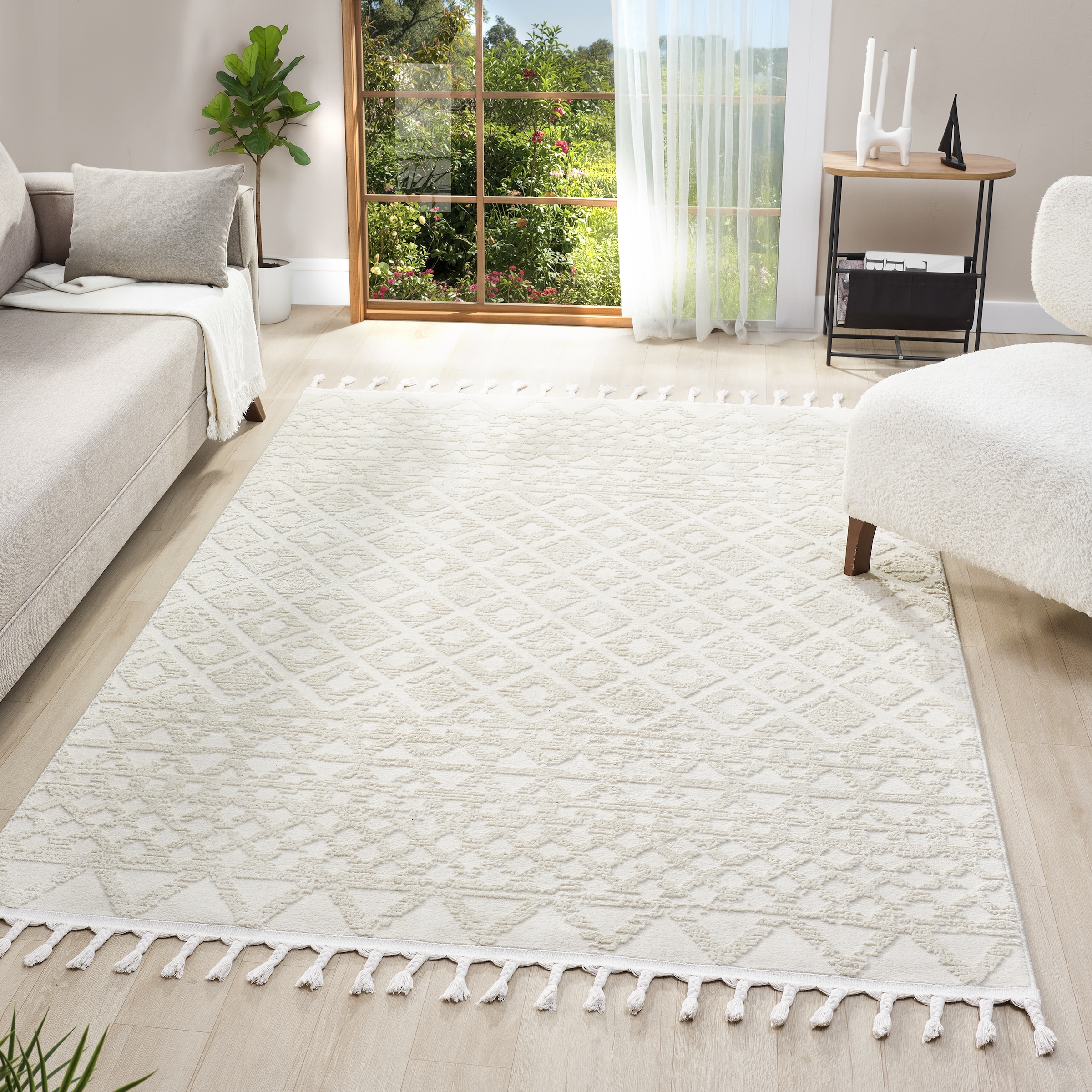 OTTO home Teppich »Ribeyret« rechteckig 11 mm Höhe mit Fransen, Hoch-Tief-Struktur, Woll-Look, Boho-Style, Wohnzimmer