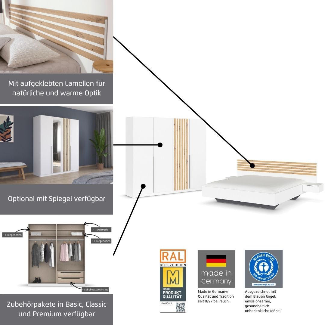 rauch Schlafzimmer-Set »Komplettzimmer Komplettschlafzimmer Komplett Set LAMELLA« Set, Schrank 226cm Bett 160/180cm in 3 Ausstattungen BASIC/CLASSIC/PREMIUM, 4 tlg. tlg.