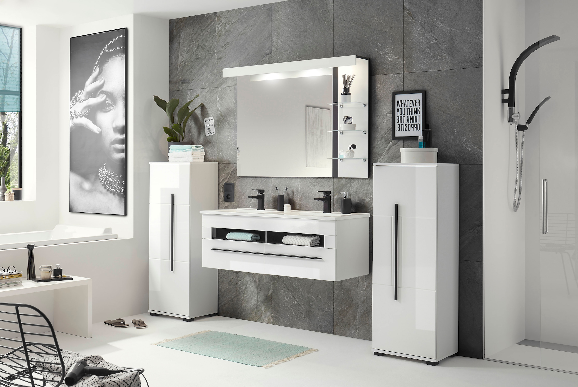 Home affaire Midischrank »Cantara, Badschrank in Hochglanz Weiß, Schrank im modernen Design« mit schwarzen Griffen, ausreichend Stauraum