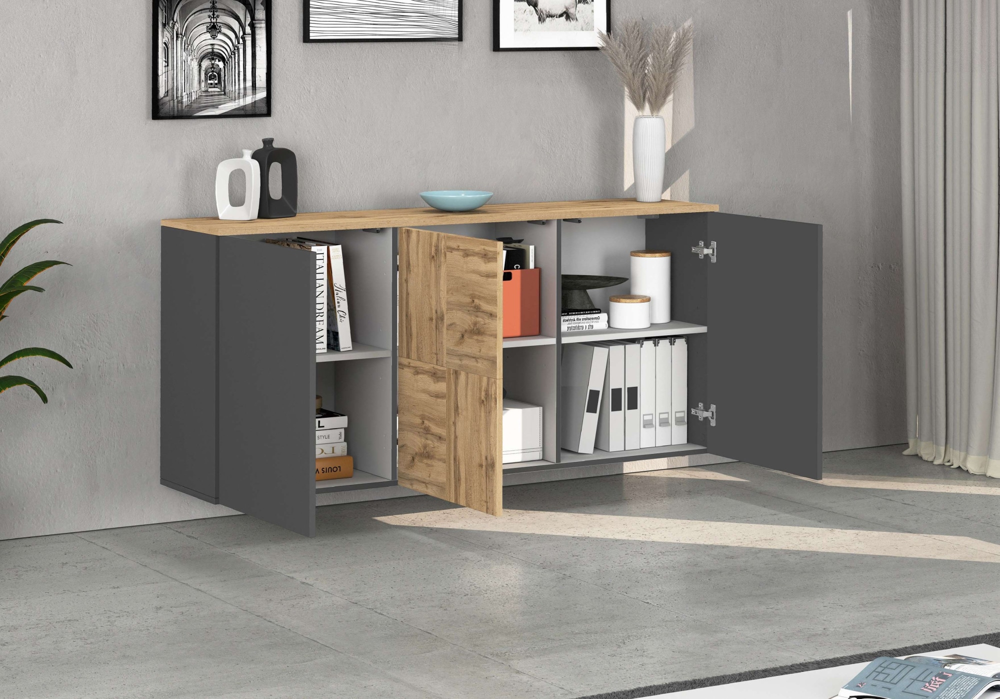 OTTO home Sideboard »ISEO, Kommode, Schrank, Sideboard, Lowboard, 6 Fächer, Breite 150 cm« 1 Stk. tlg. stehend/hängend, 3 Türen, 6 Fächer, Breite 150 cm