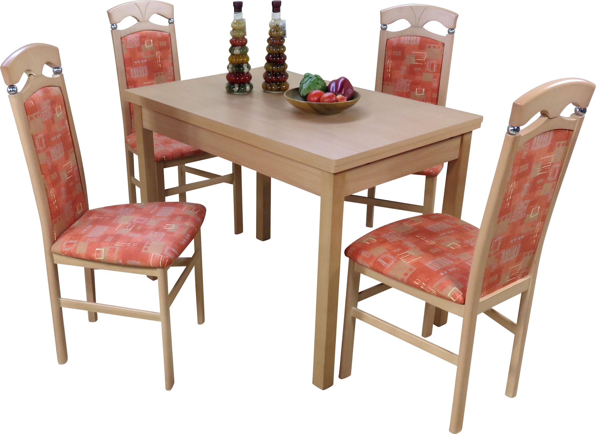 HOFMANN LIVING AND MORE Essgruppe »Anthony«, (Spar-Set, 5 tlg., 1 Tisch, 4 Stühle), Stuhlgestell und Tischbeine aus Massivholz, Tisch mit 2 Ansteckplatten