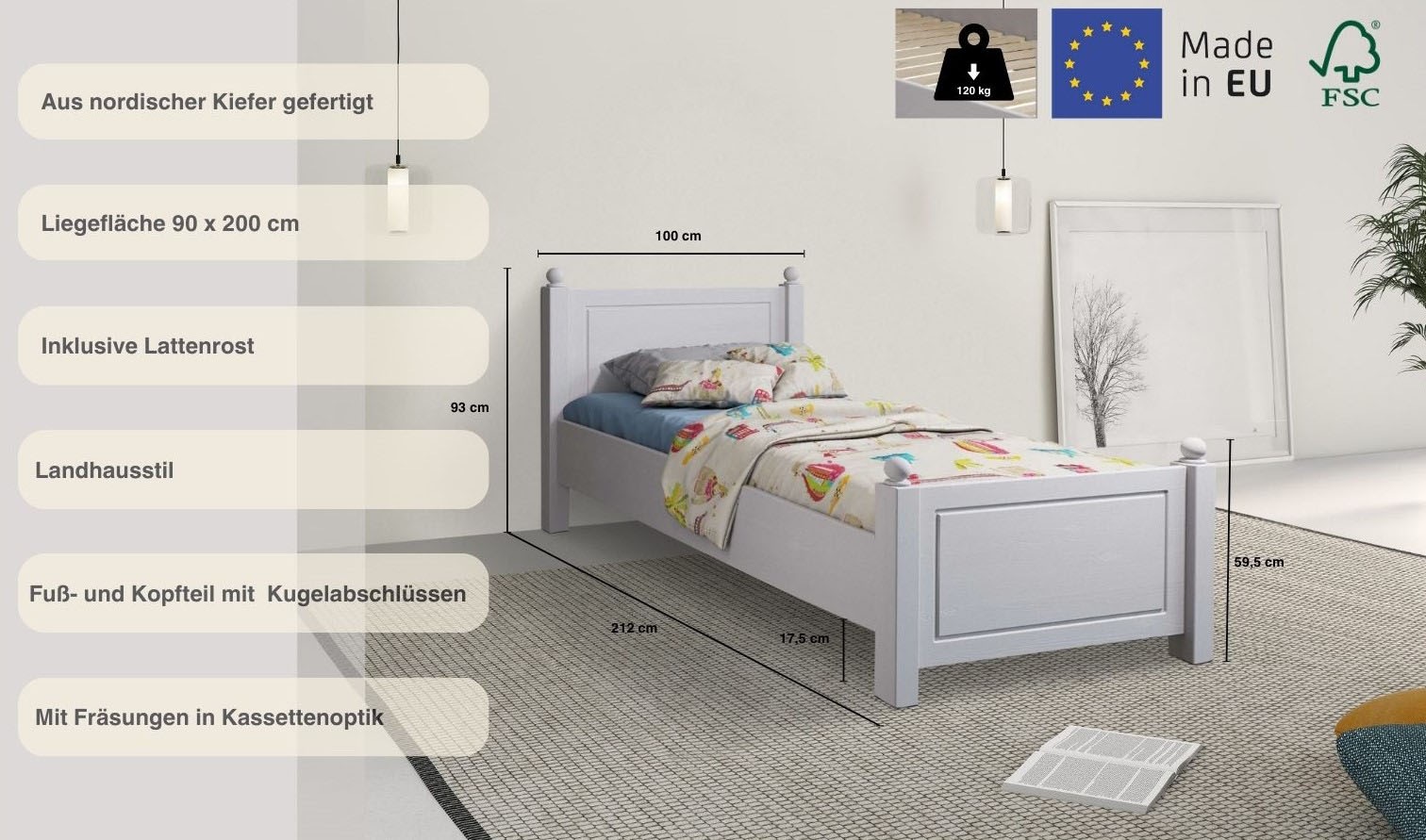 Home affaire Massivholzbett »Mila, hohe Belastbarkeit Jugendbett,! FSC® zertifiziertes Massivholz«, (Breite/Belastbarkeit 180cm/220 KG, 140cm/180 KG, 90cm/=120 KG), aus massiver Kiefer, inklusive Lattenrost