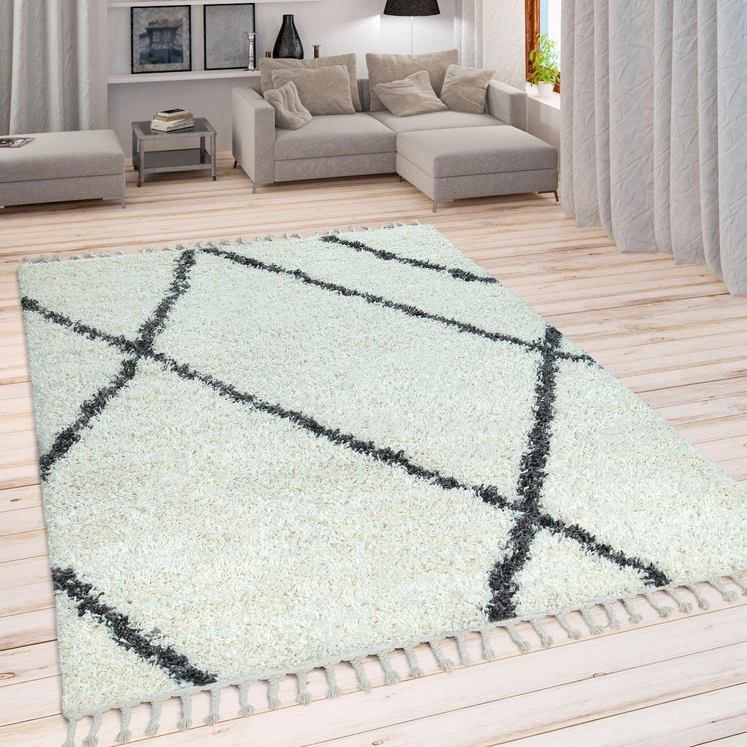 Paco Home Hochflor-Teppich »Helsinki 531«, rechteckig, 45 mm Höhe, weicher Hochflor-Shaggy, Scandi Design, mit Fransen